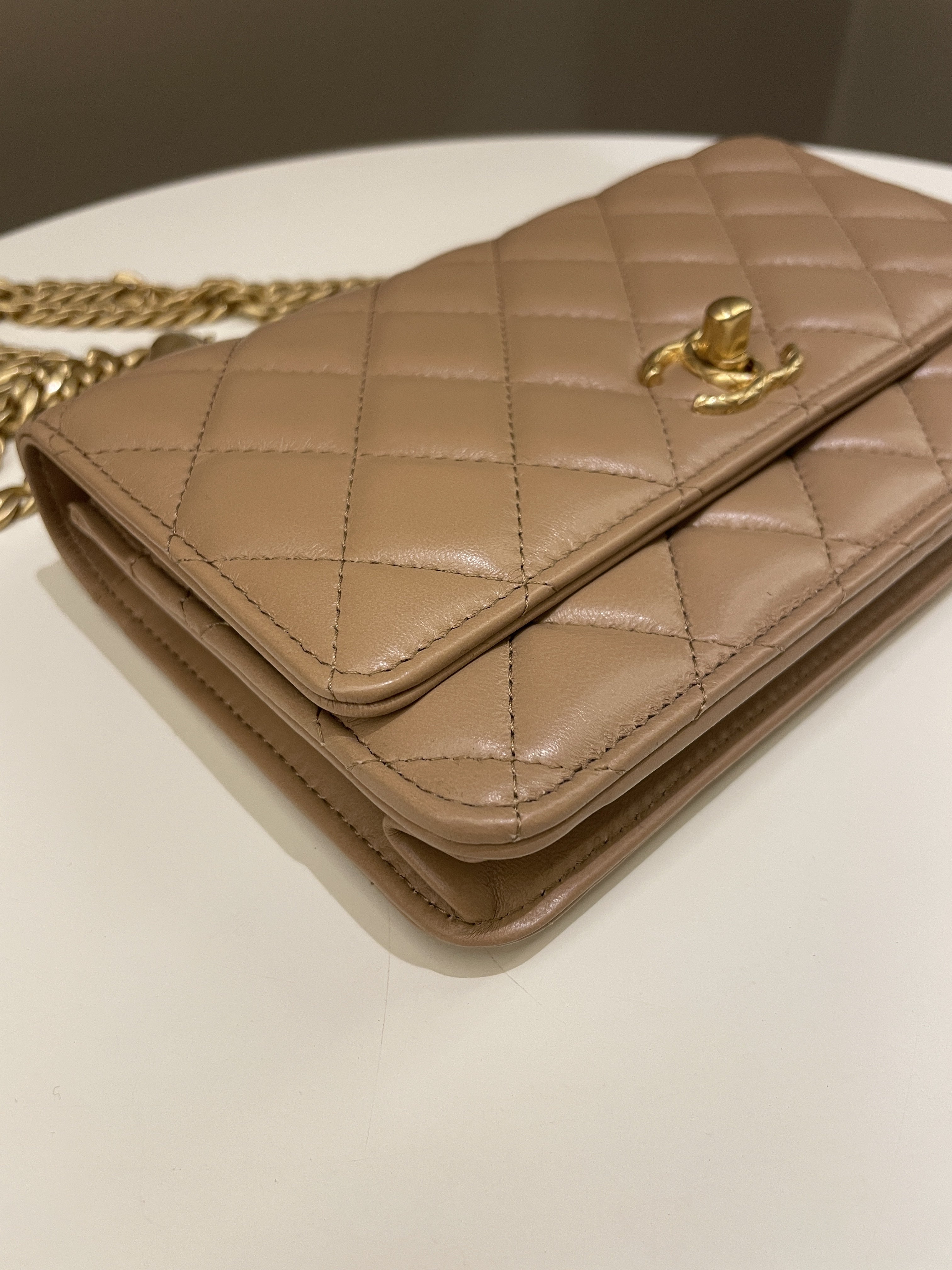 Chanel 22K Pearl Crush Wallet On Chain Dark Beige Lambskin