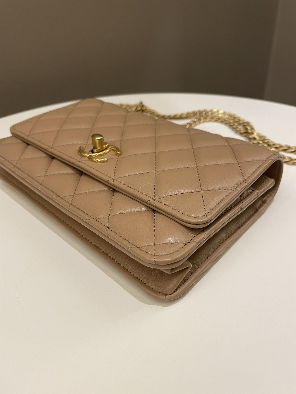 Chanel 22K Pearl Crush Wallet On Chain Dark Beige Lambskin