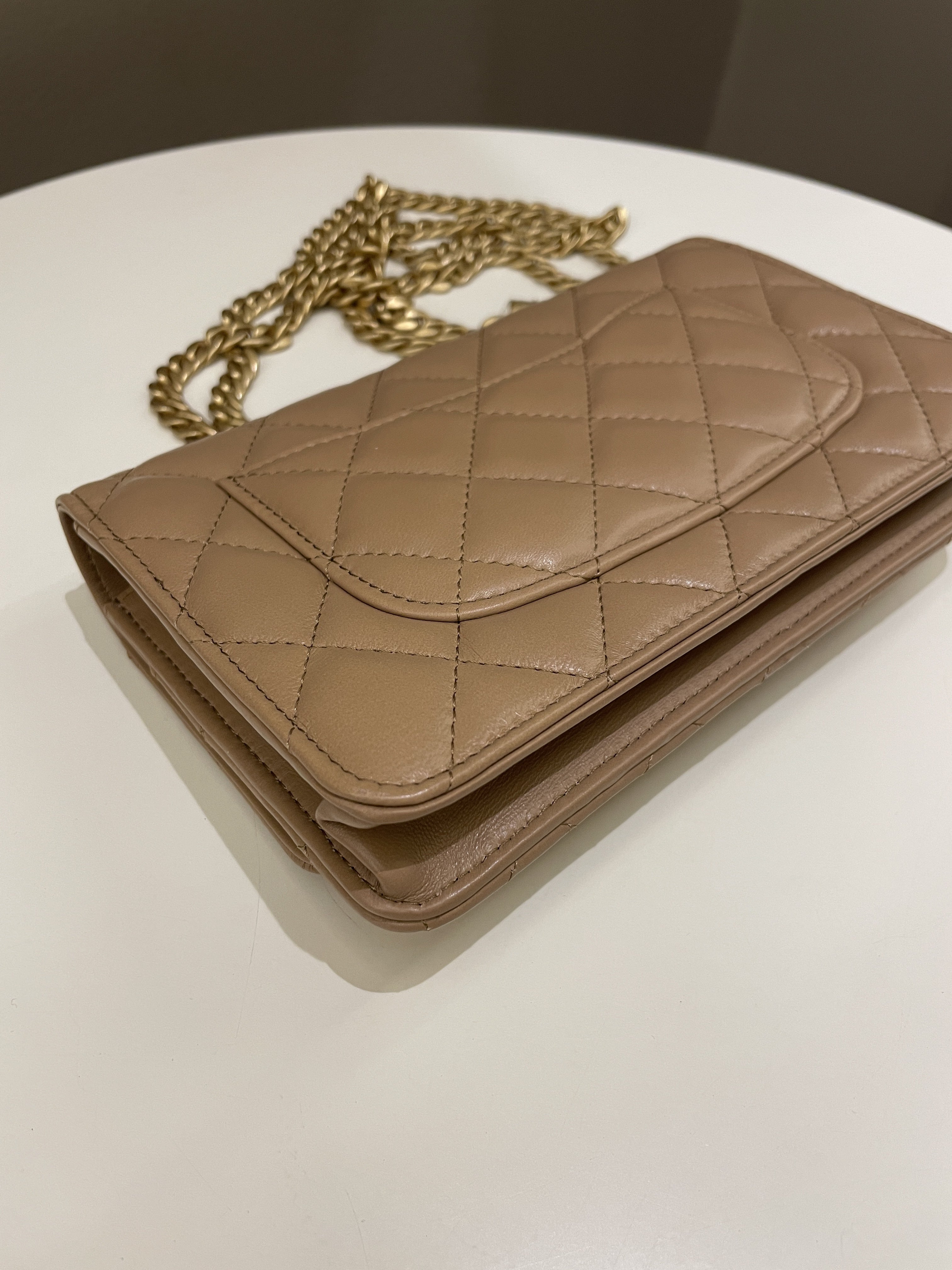 Chanel 22K Pearl Crush Wallet On Chain Dark Beige Lambskin