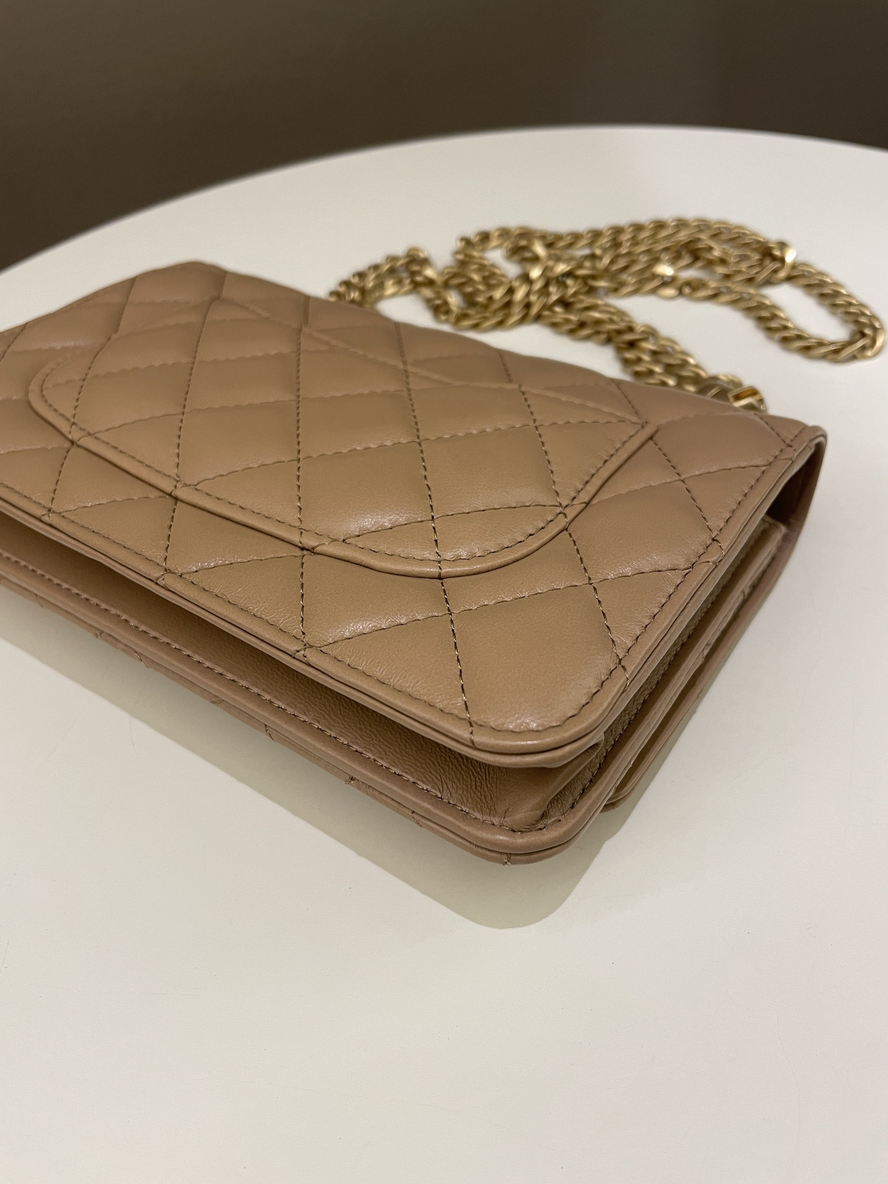 Chanel 22K Pearl Crush Wallet On Chain Dark Beige Lambskin