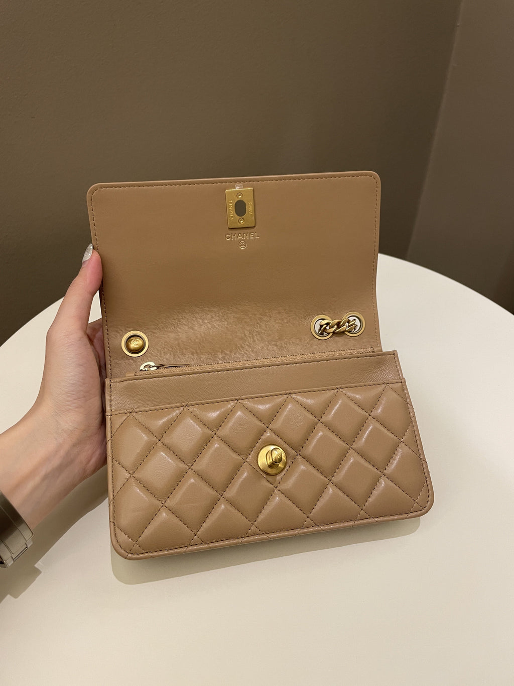 Chanel 22K Pearl Crush Wallet On Chain Dark Beige Lambskin