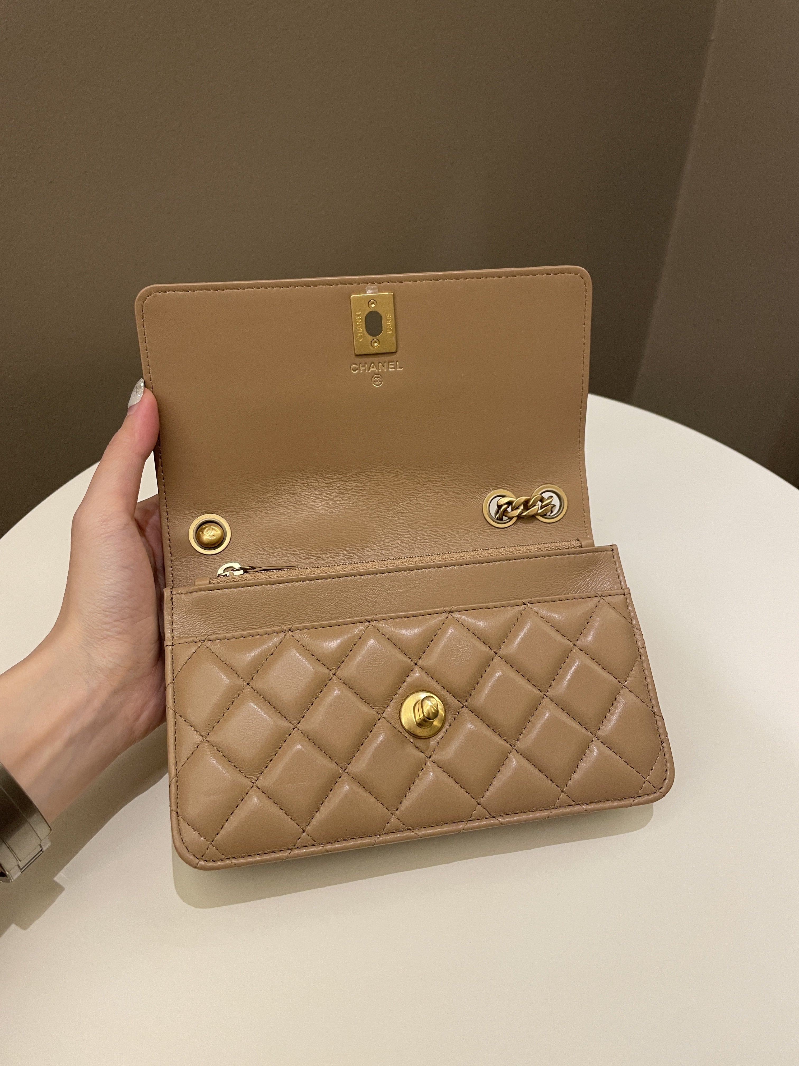 Chanel 22K Pearl Crush Wallet On Chain Dark Beige Lambskin