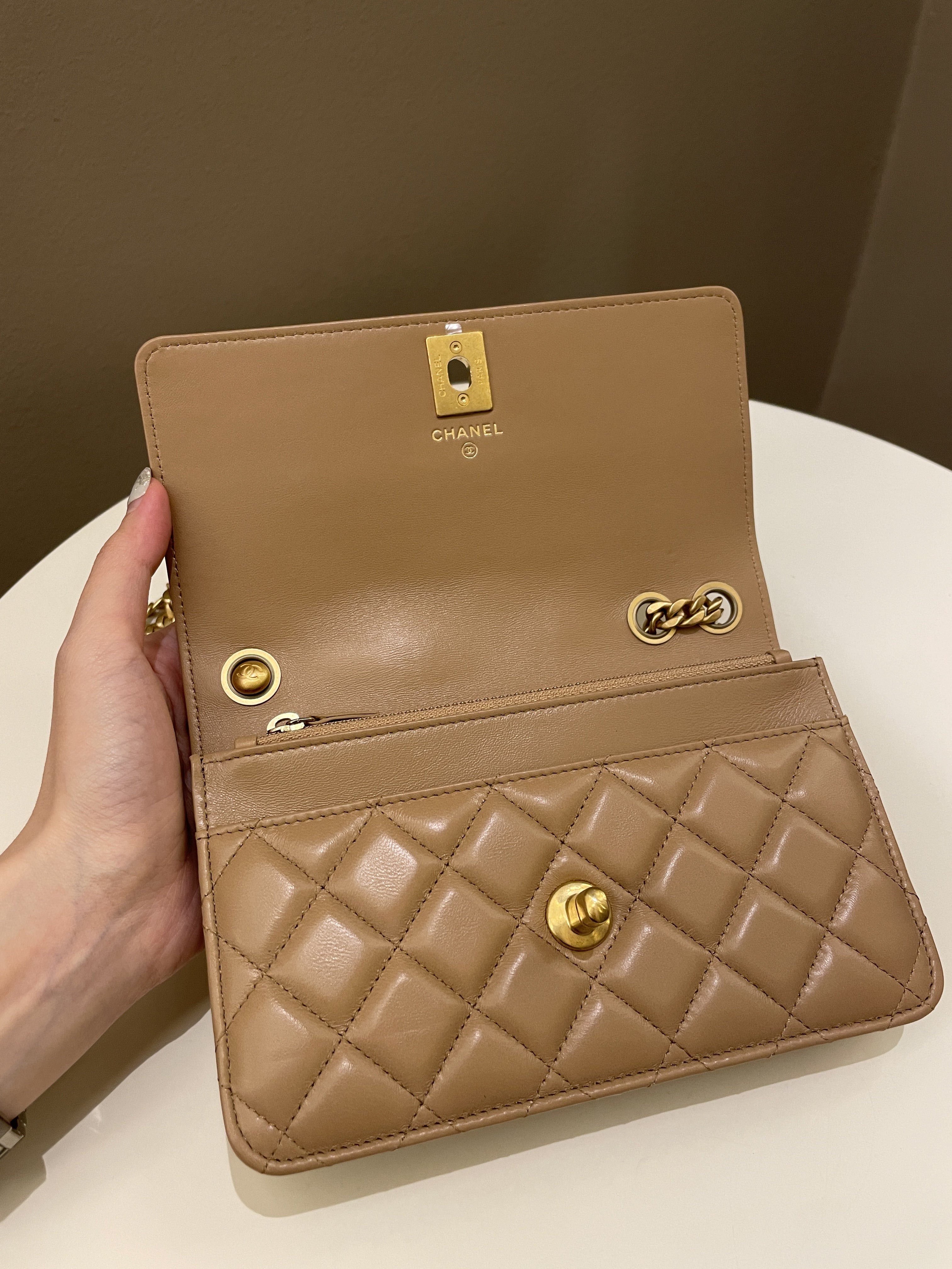 Chanel 22K Pearl Crush Wallet On Chain Dark Beige Lambskin