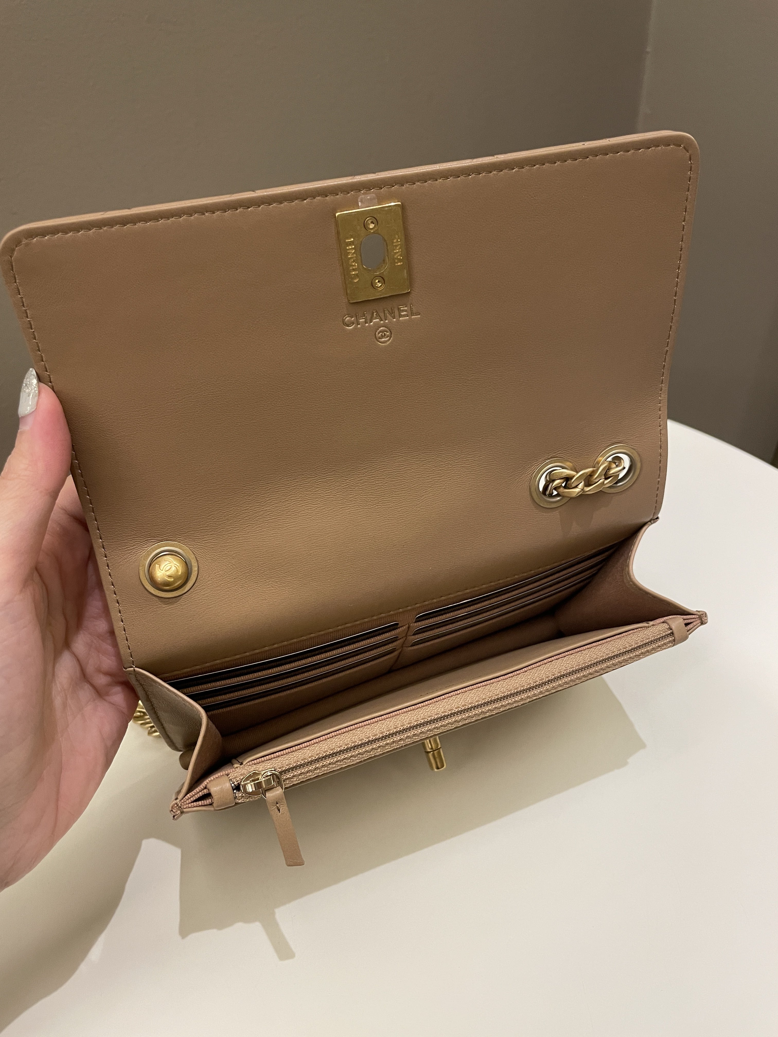 Chanel 22K Pearl Crush Wallet On Chain Dark Beige Lambskin