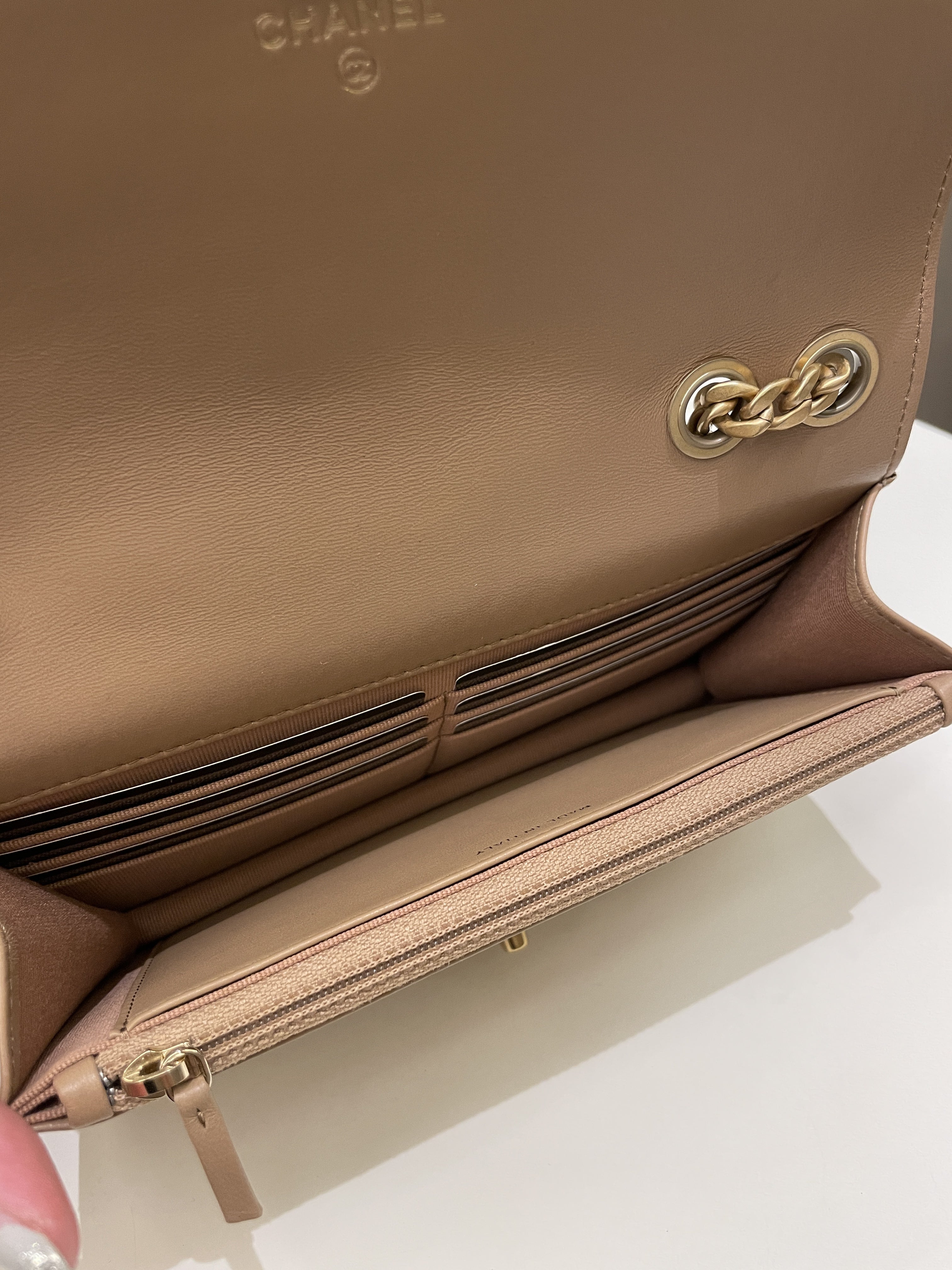 Chanel 22K Pearl Crush Wallet On Chain Dark Beige Lambskin
