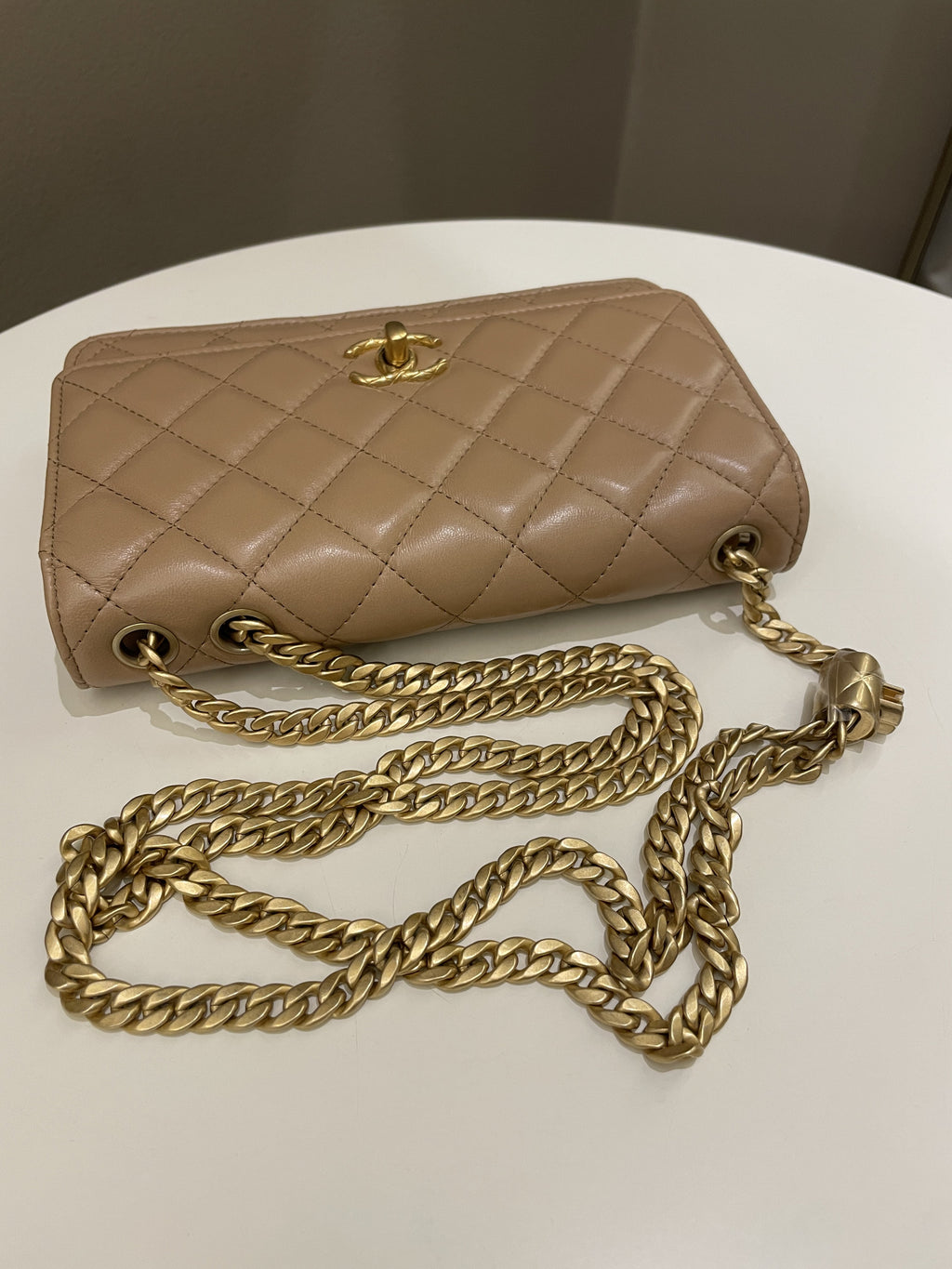 Chanel 22K Pearl Crush Wallet On Chain Dark Beige Lambskin