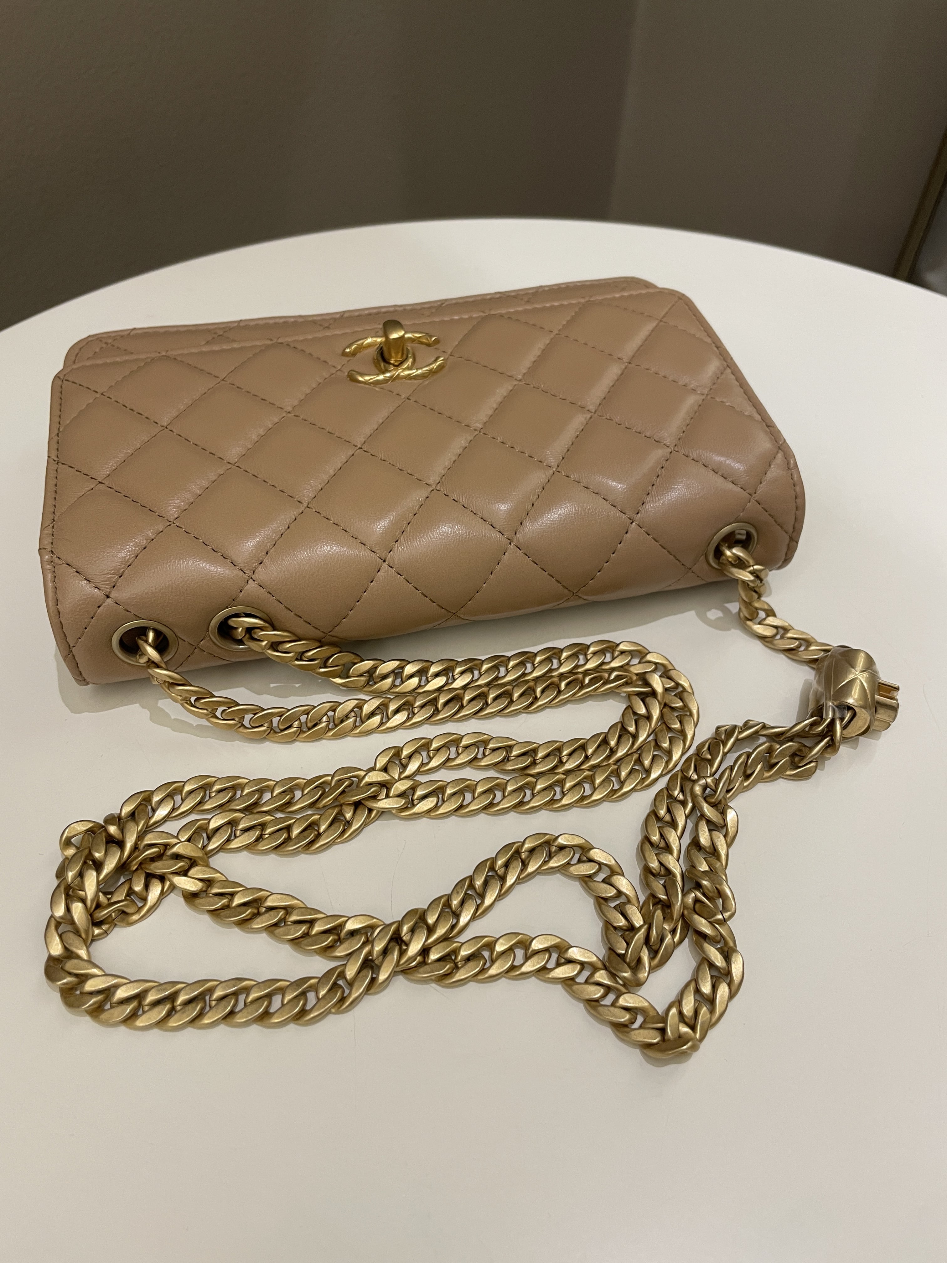 Chanel 22K Pearl Crush Wallet On Chain Dark Beige Lambskin