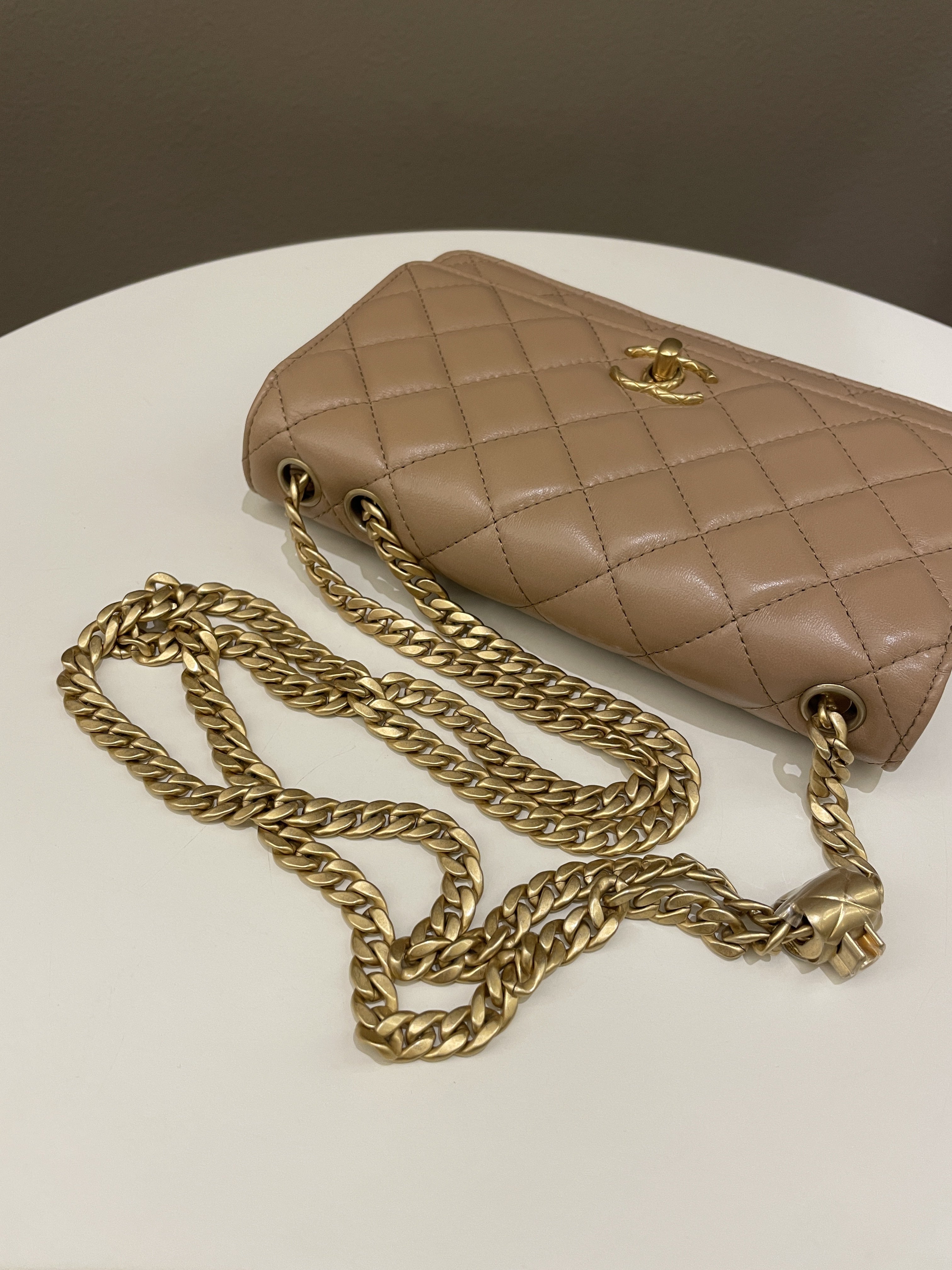 Chanel 22K Pearl Crush Wallet On Chain Dark Beige Lambskin