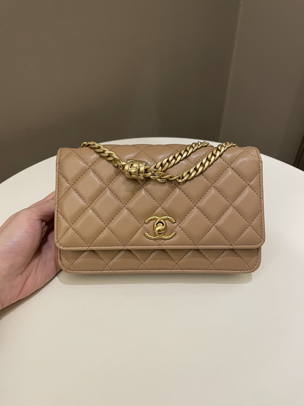 Chanel 22K Pearl Crush Wallet On Chain Dark Beige Lambskin