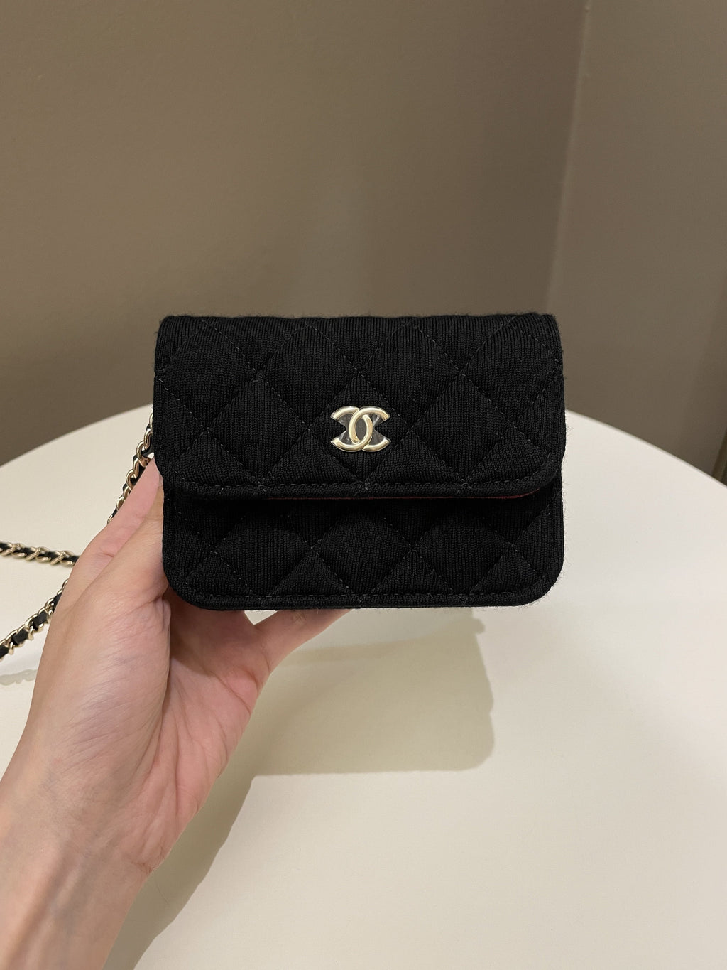 Chanel 23C Quilted VIP Clutch On Chain Black Jersey/ Red Interior