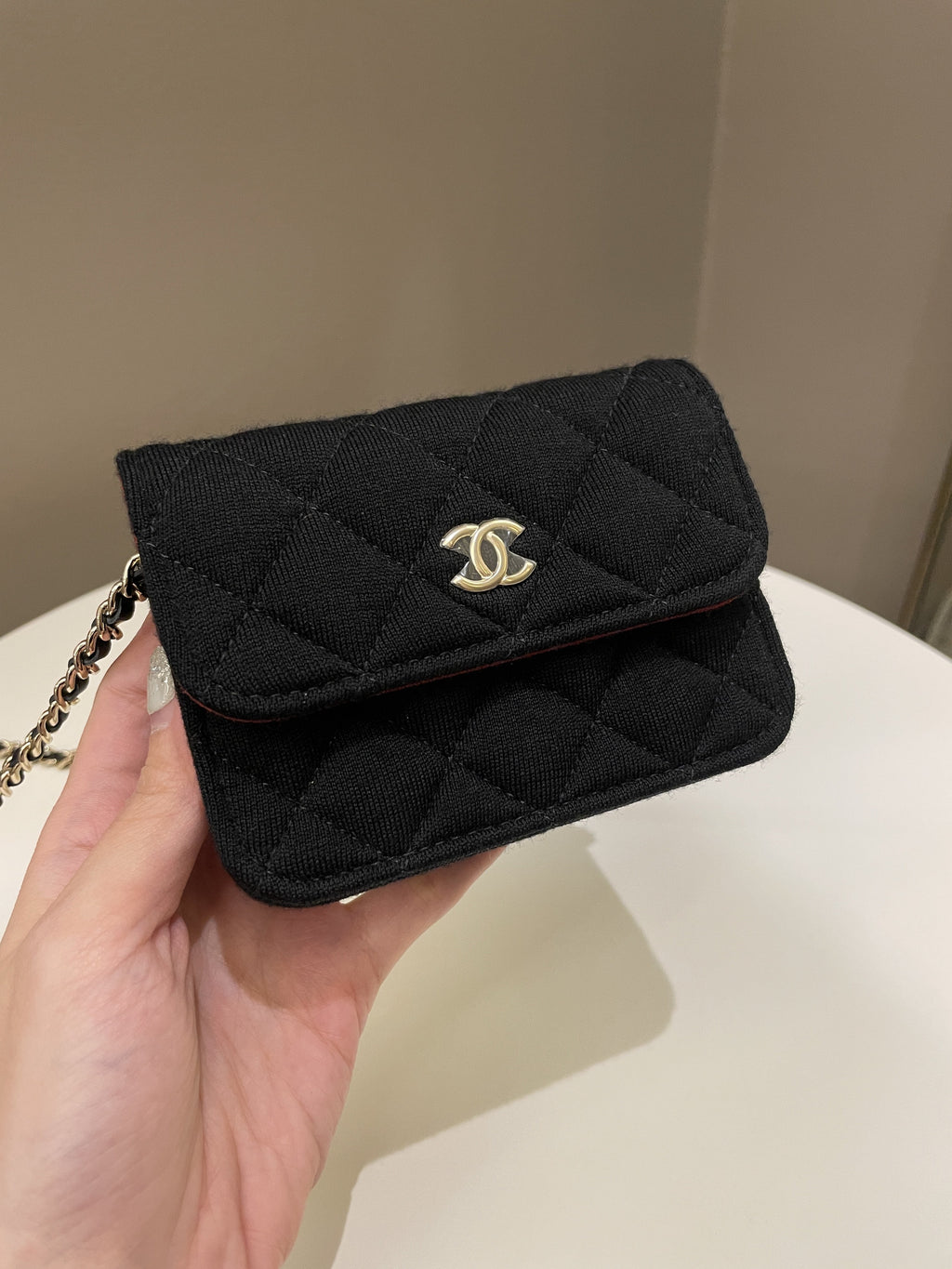 Chanel 23C Quilted VIP Clutch On Chain Black Jersey/ Red Interior