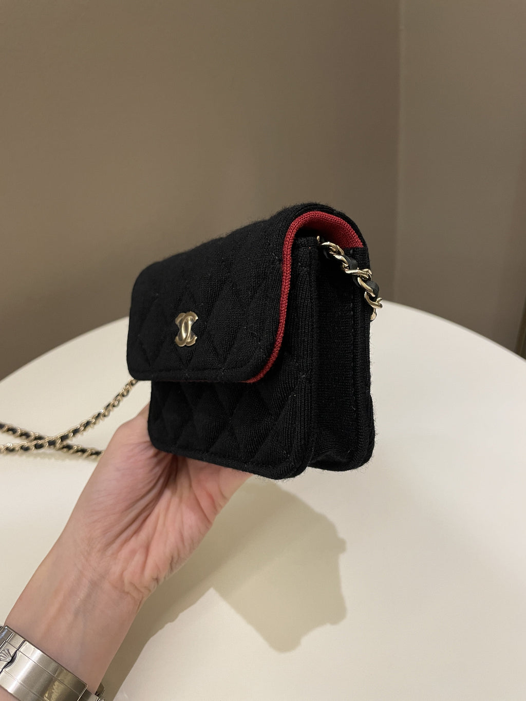 Chanel 23C Quilted VIP Clutch On Chain Black Jersey/ Red Interior