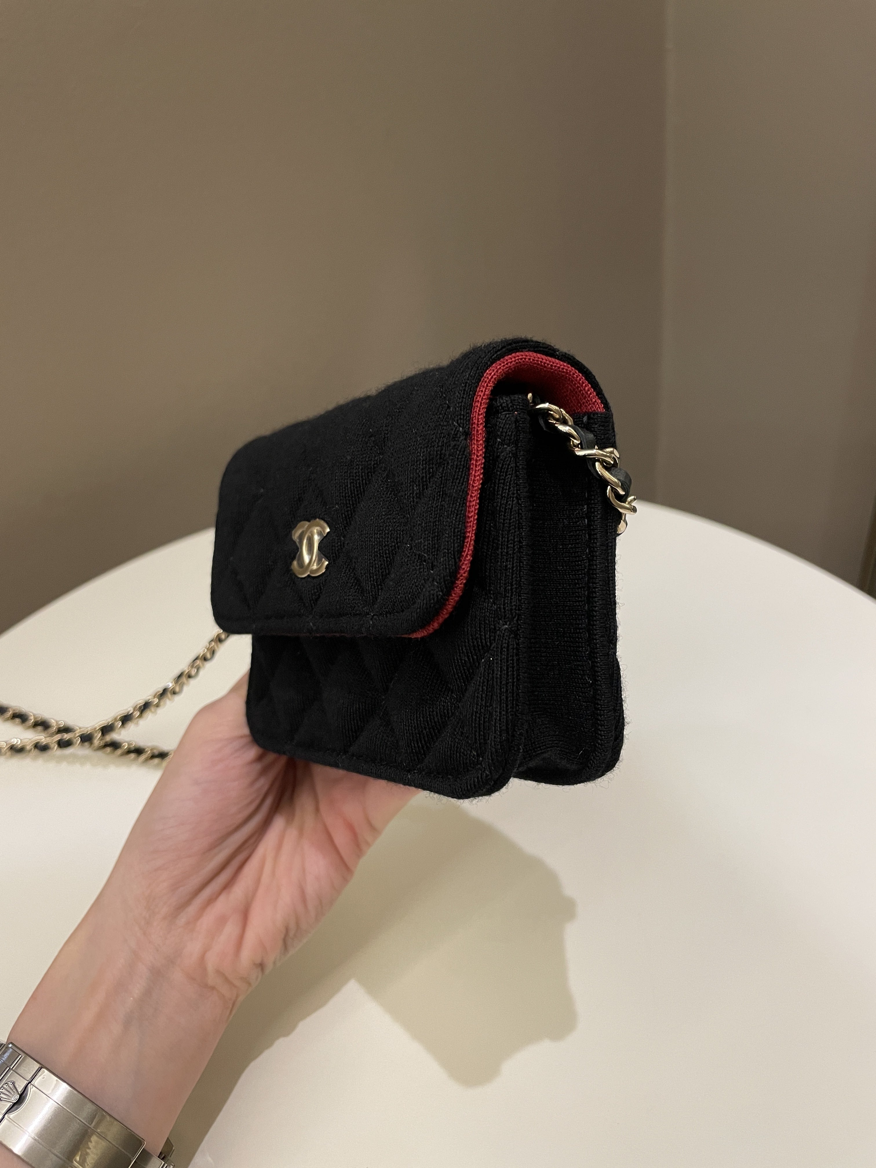 Chanel 23C Quilted VIP Clutch On Chain Black Jersey/ Red Interior
