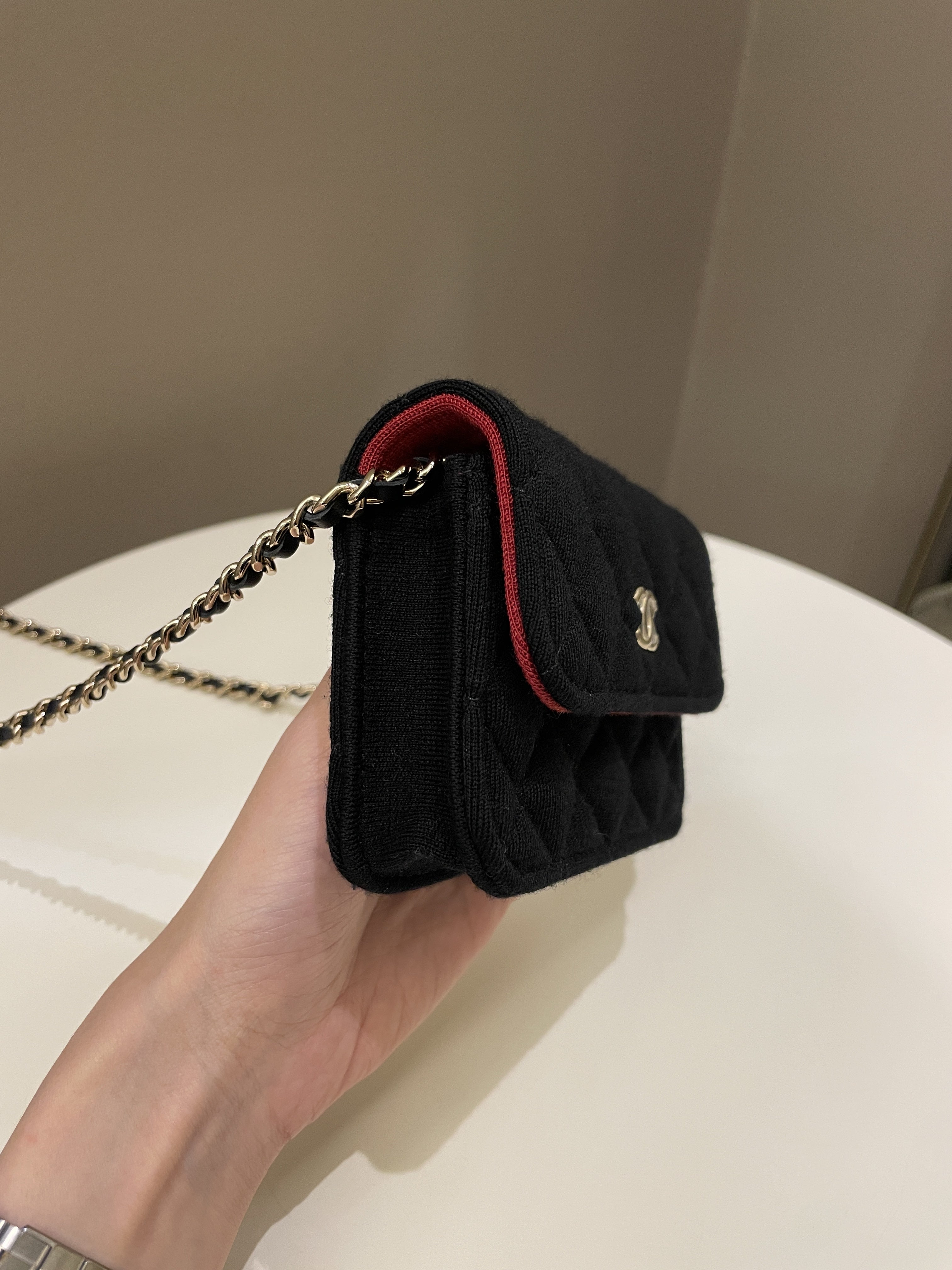 Chanel 23C Quilted VIP Clutch On Chain Black Jersey/ Red Interior