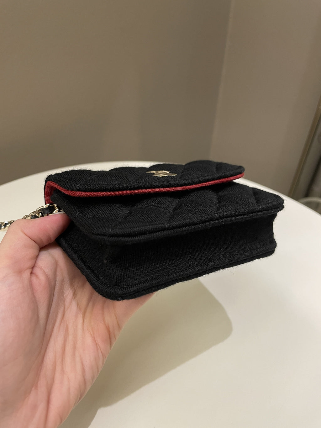 Chanel 23C Quilted VIP Clutch On Chain Black Jersey/ Red Interior