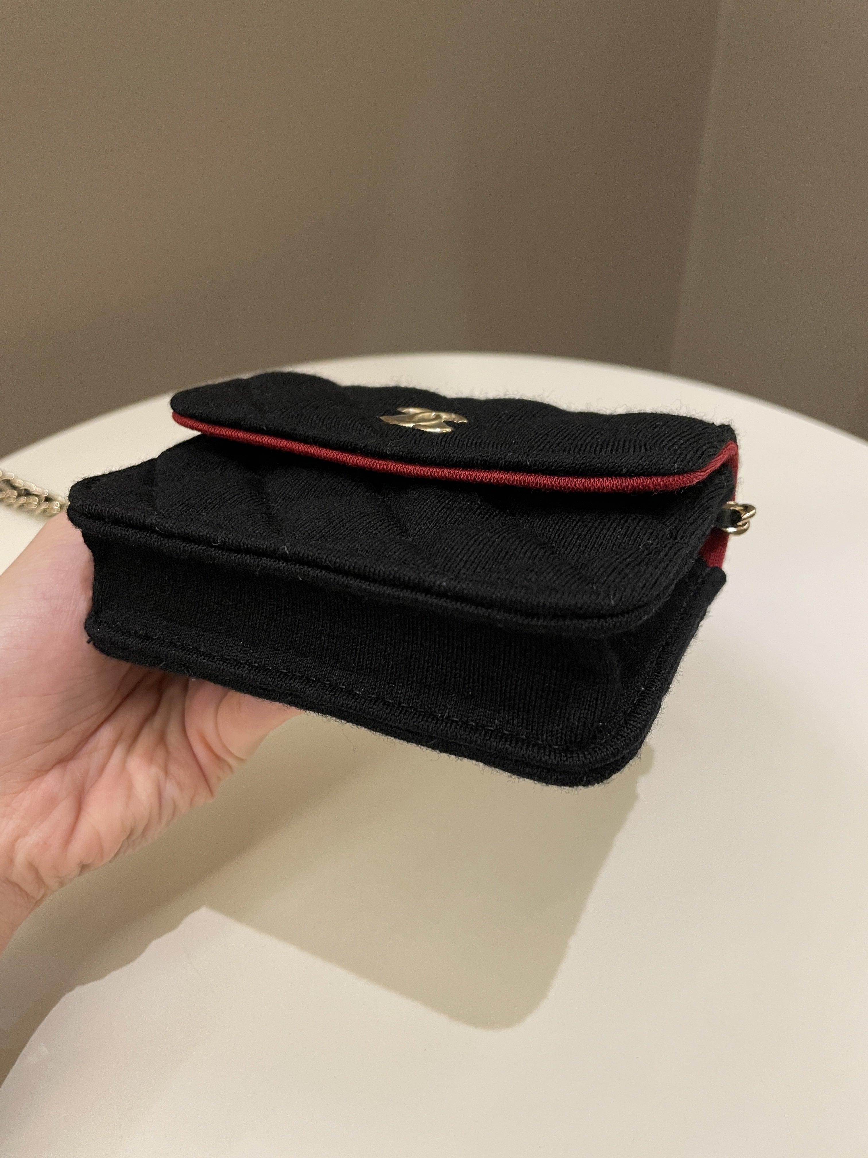 Chanel 23C Quilted VIP Clutch On Chain Black Jersey/ Red Interior