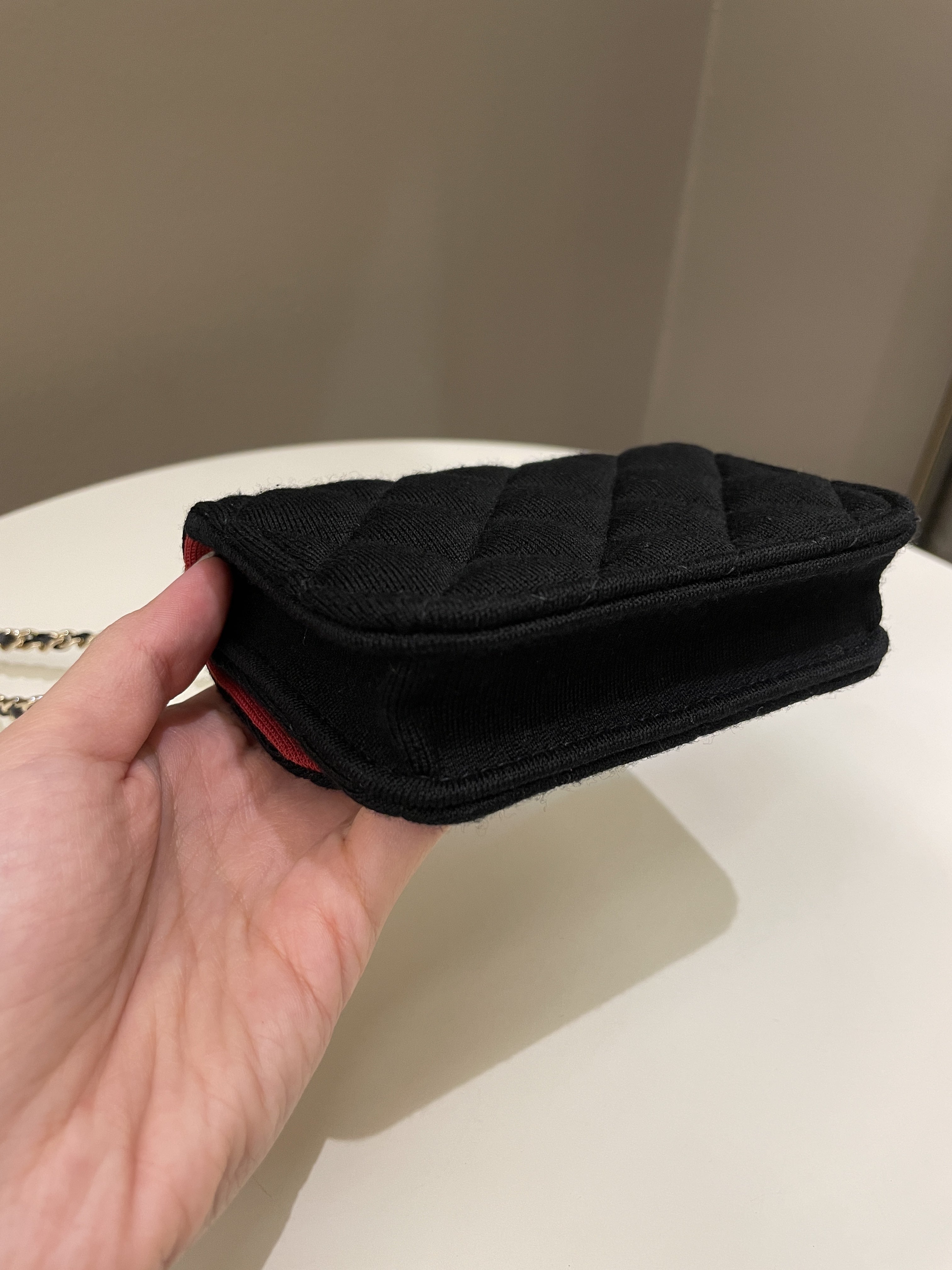 Chanel 23C Quilted VIP Clutch On Chain Black Jersey/ Red Interior