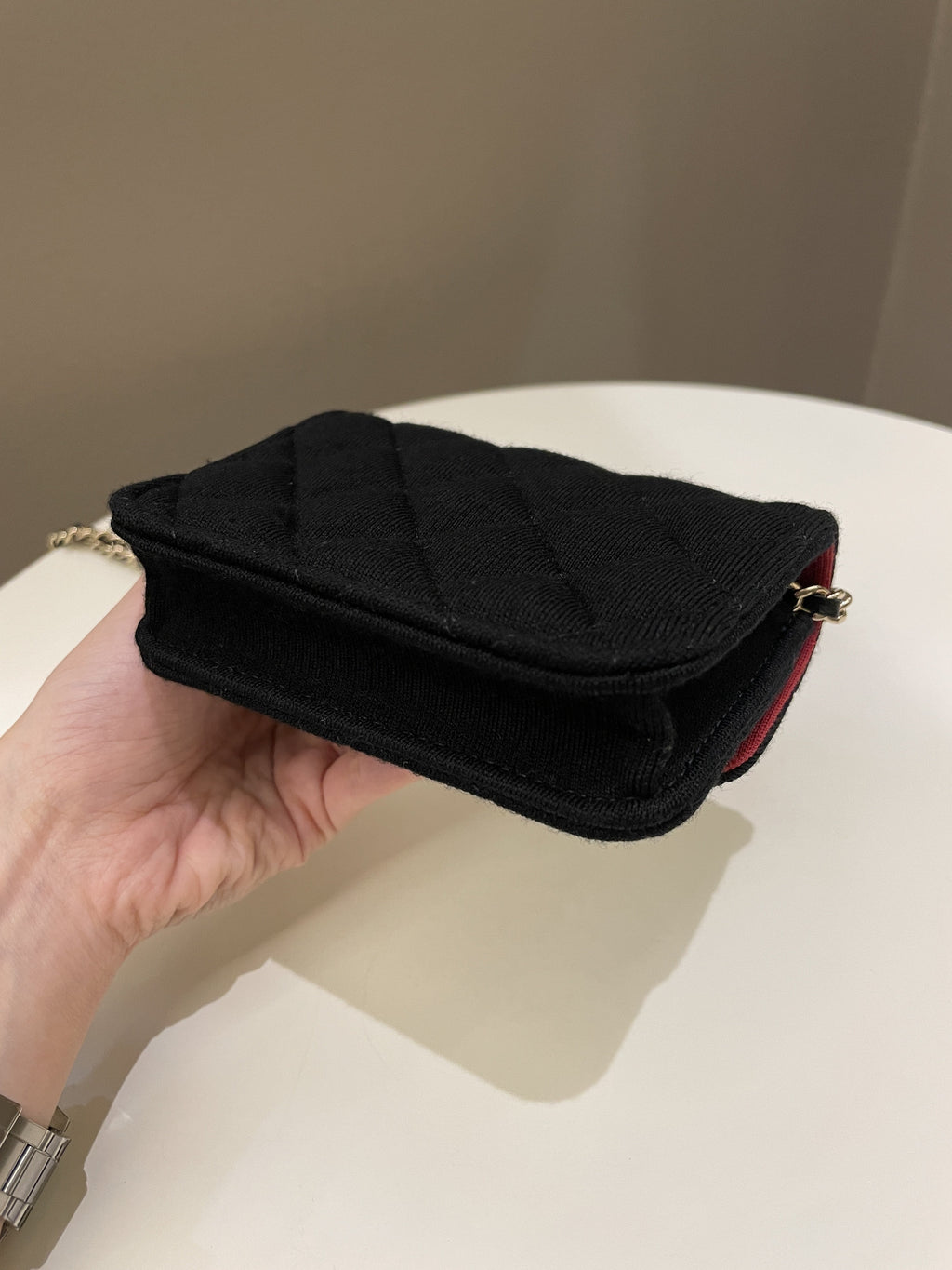 Chanel 23C Quilted VIP Clutch On Chain Black Jersey/ Red Interior