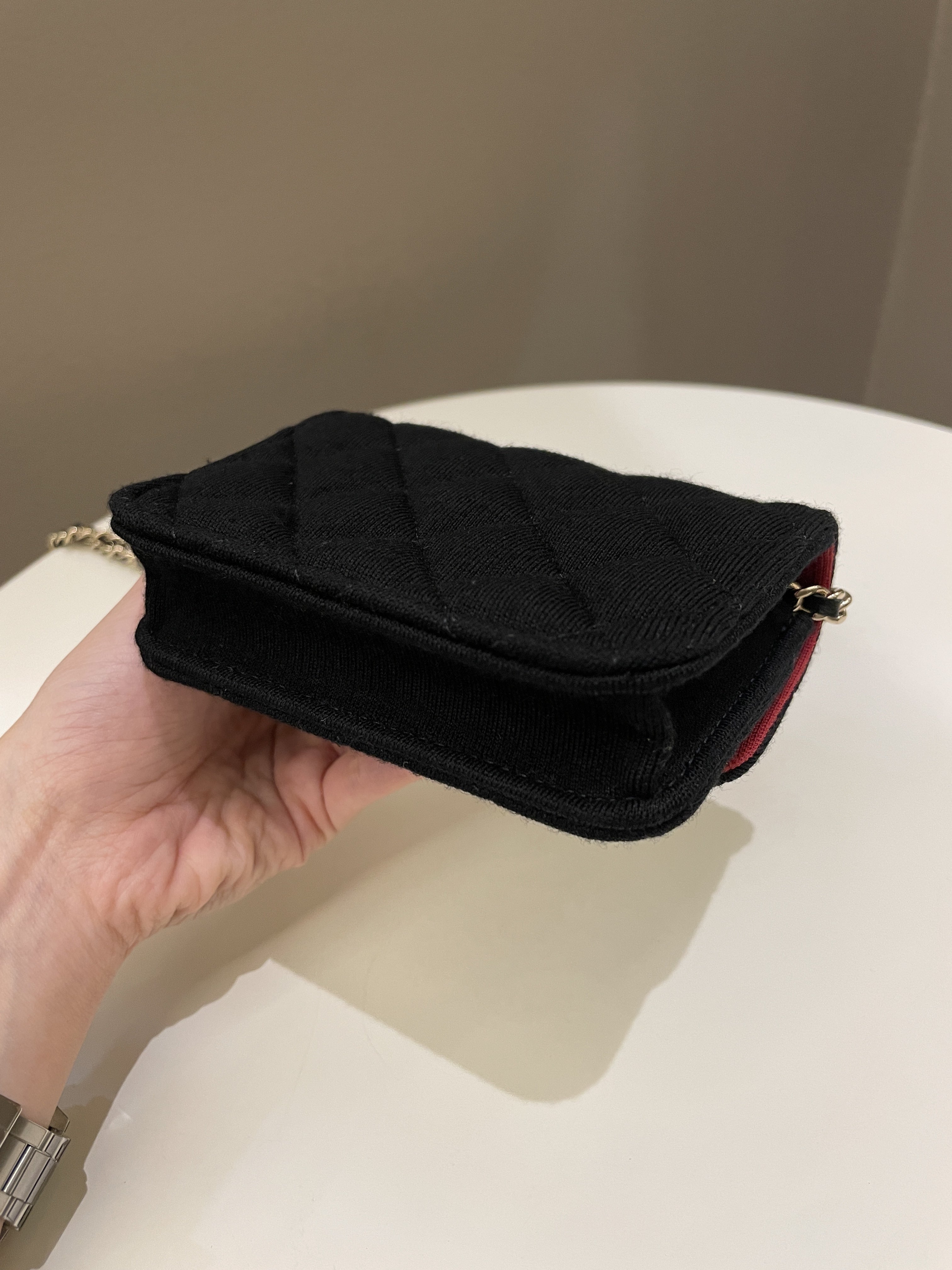 Chanel 23C Quilted VIP Clutch On Chain Black Jersey/ Red Interior