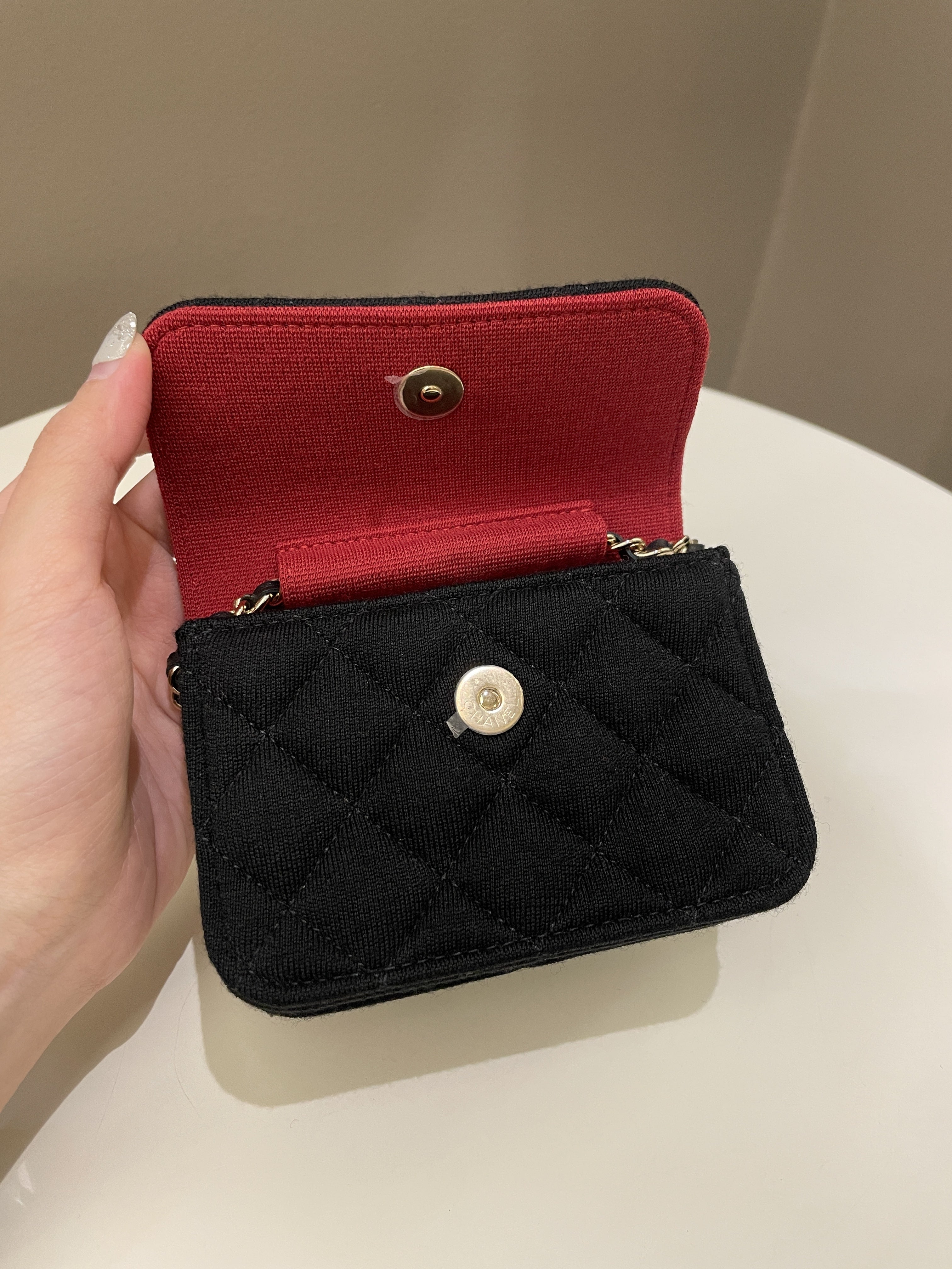 Chanel 23C Quilted VIP Clutch On Chain Black Jersey/ Red Interior