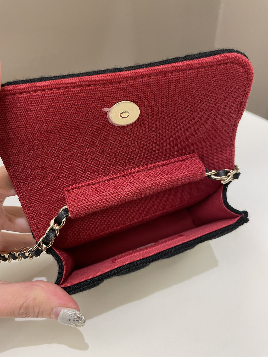Chanel 23C Quilted VIP Clutch On Chain Black Jersey/ Red Interior