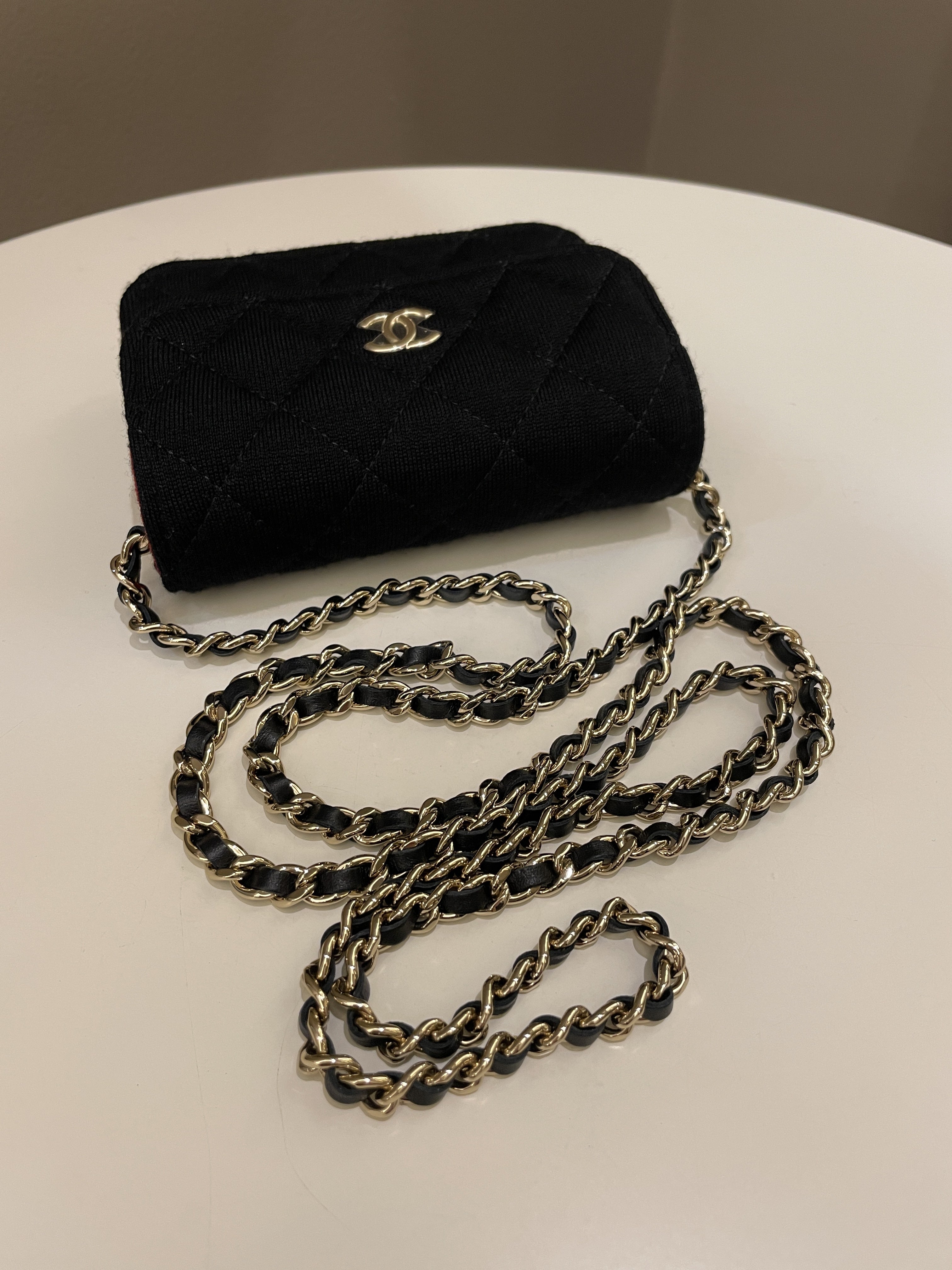 Chanel 23C Quilted VIP Clutch On Chain Black Jersey/ Red Interior