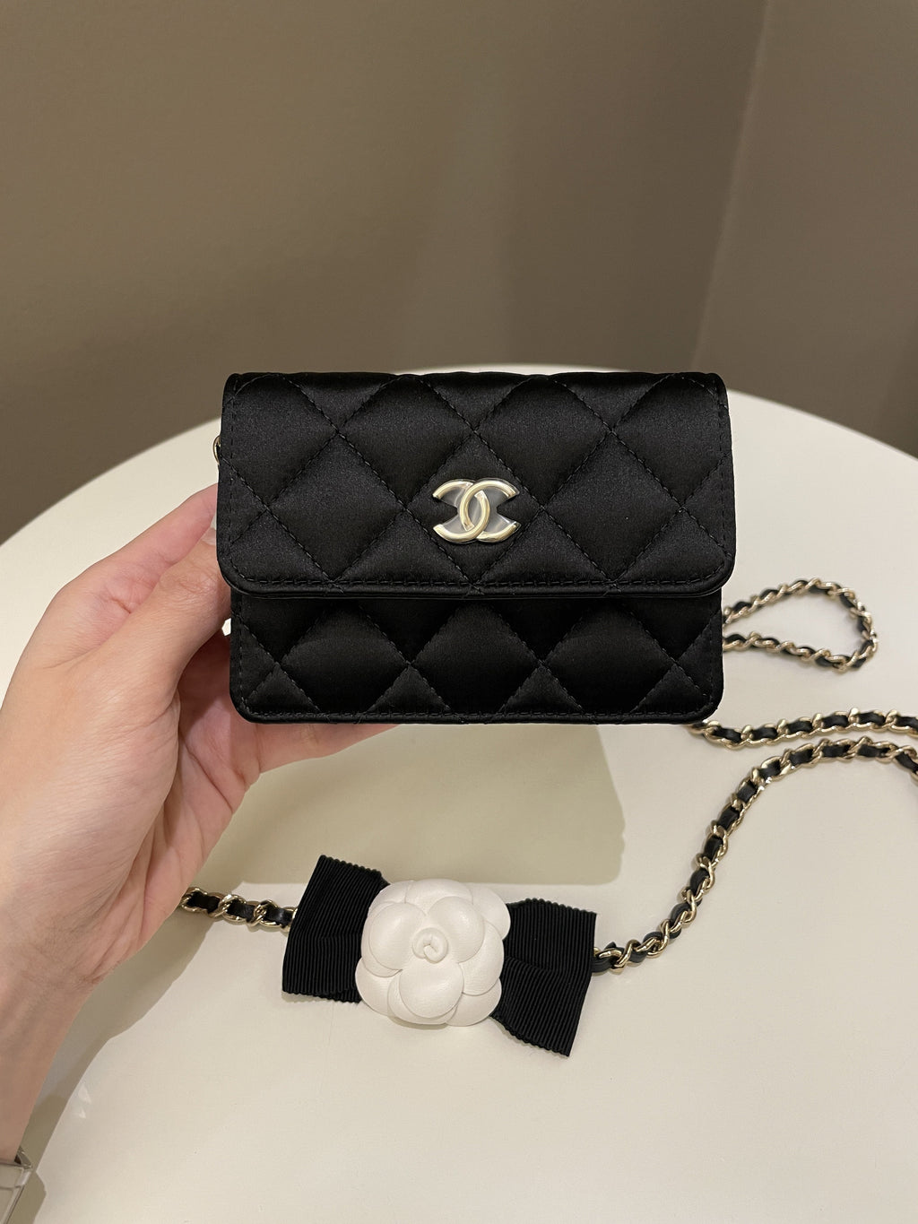 Chanel Camellia Bow VIP Clutch On Chain Black Satin