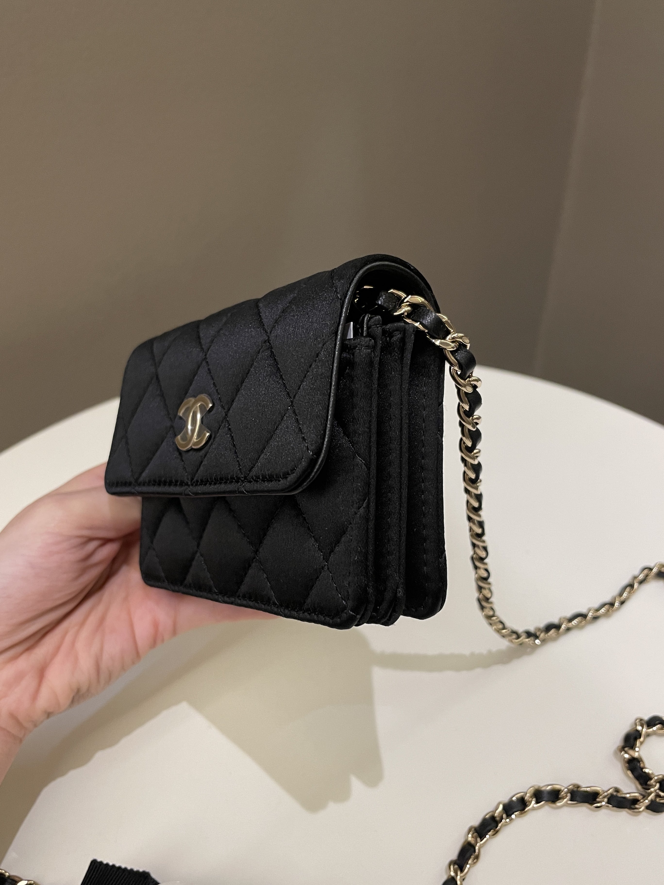 Chanel Camellia Bow VIP Clutch On Chain Black Satin