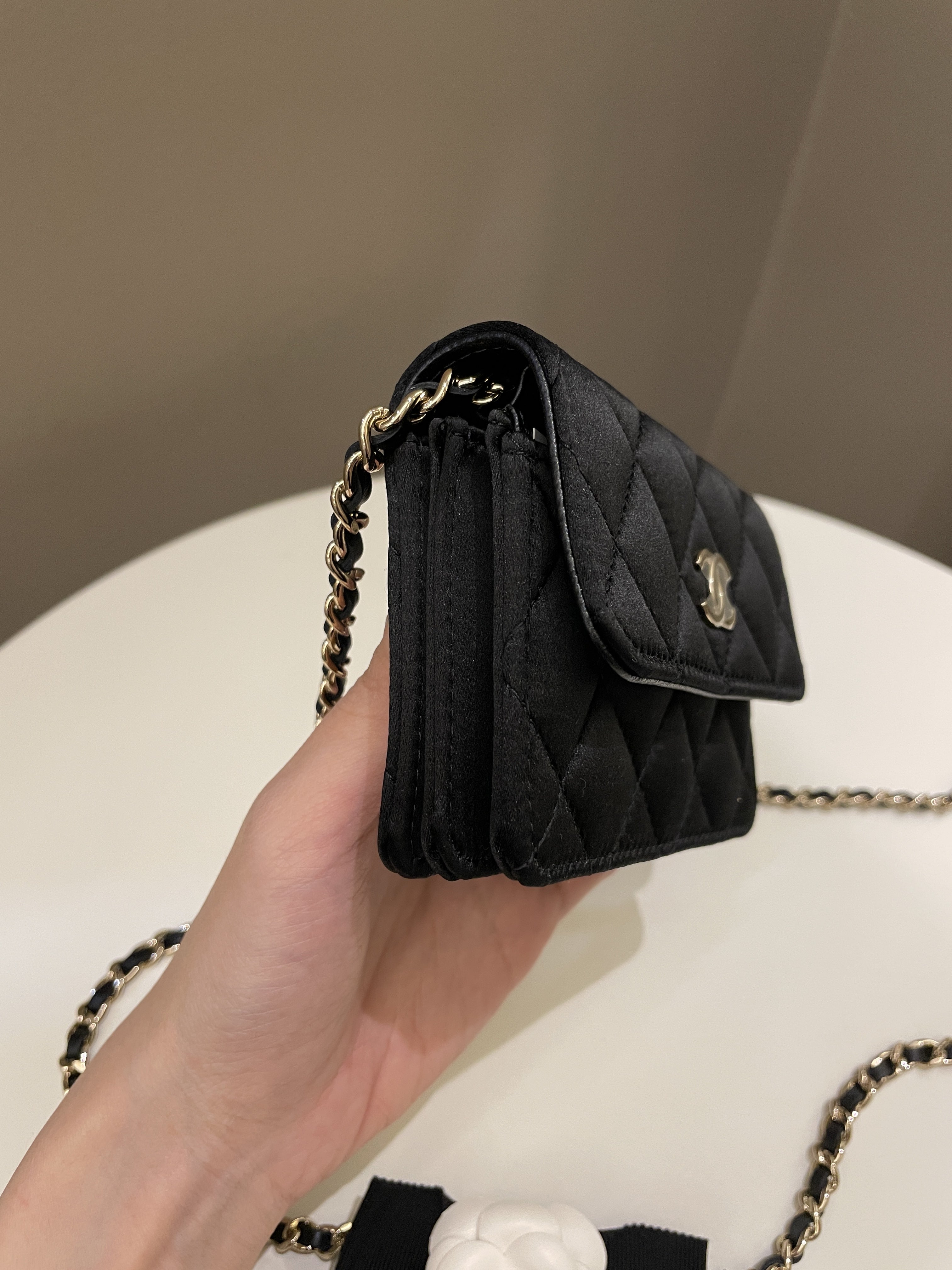 Chanel Camellia Bow VIP Clutch On Chain Black Satin