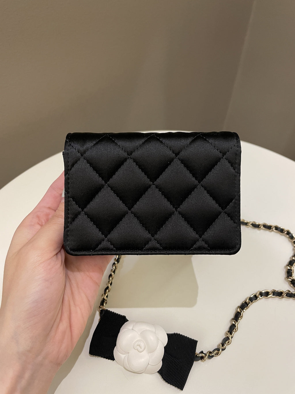 Chanel Camellia Bow VIP Clutch On Chain Black Satin