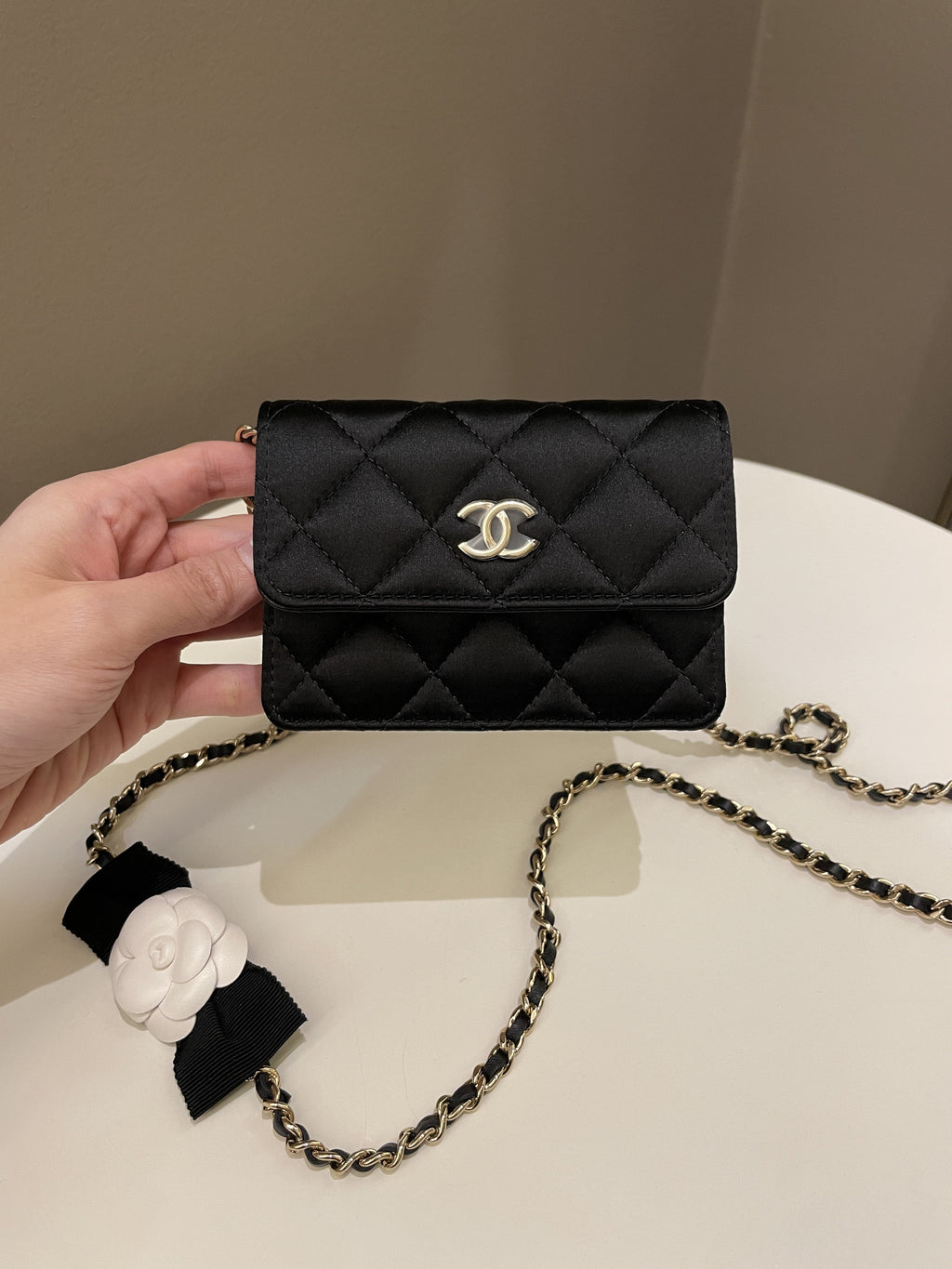 Chanel Camellia Bow VIP Clutch On Chain Black Satin