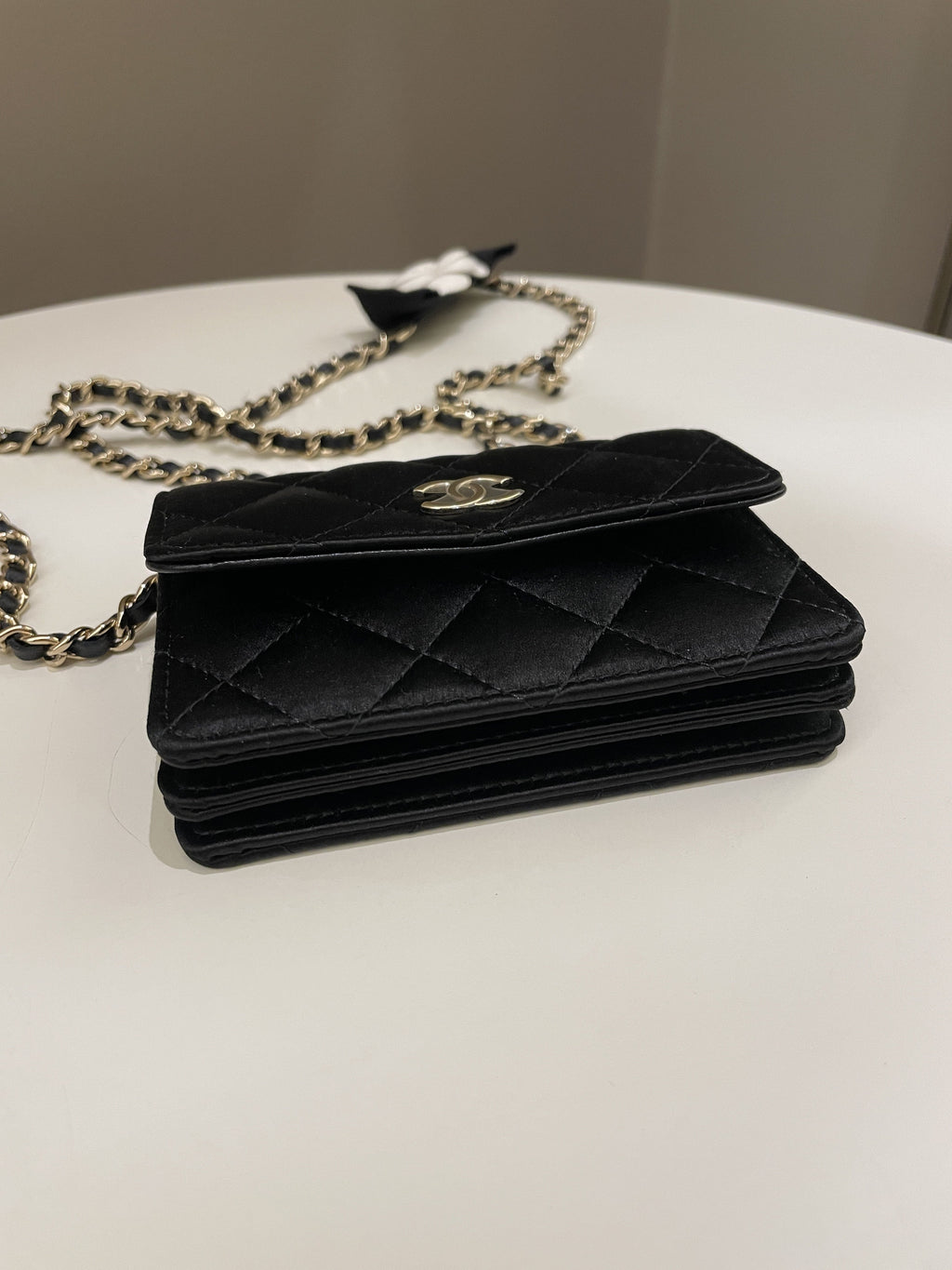 Chanel Camellia Bow VIP Clutch On Chain Black Satin