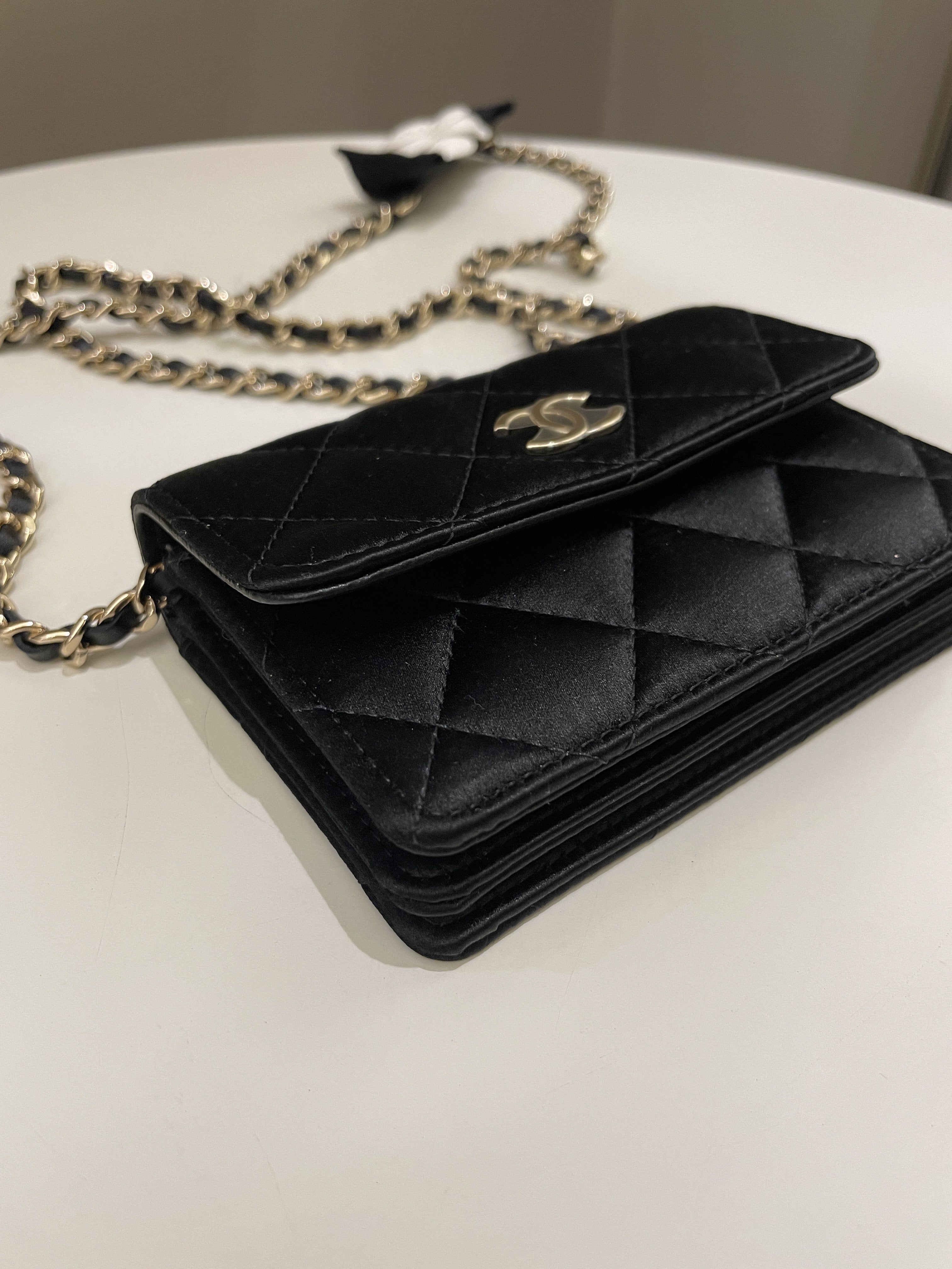 Chanel Camellia Bow VIP Clutch On Chain Black Satin