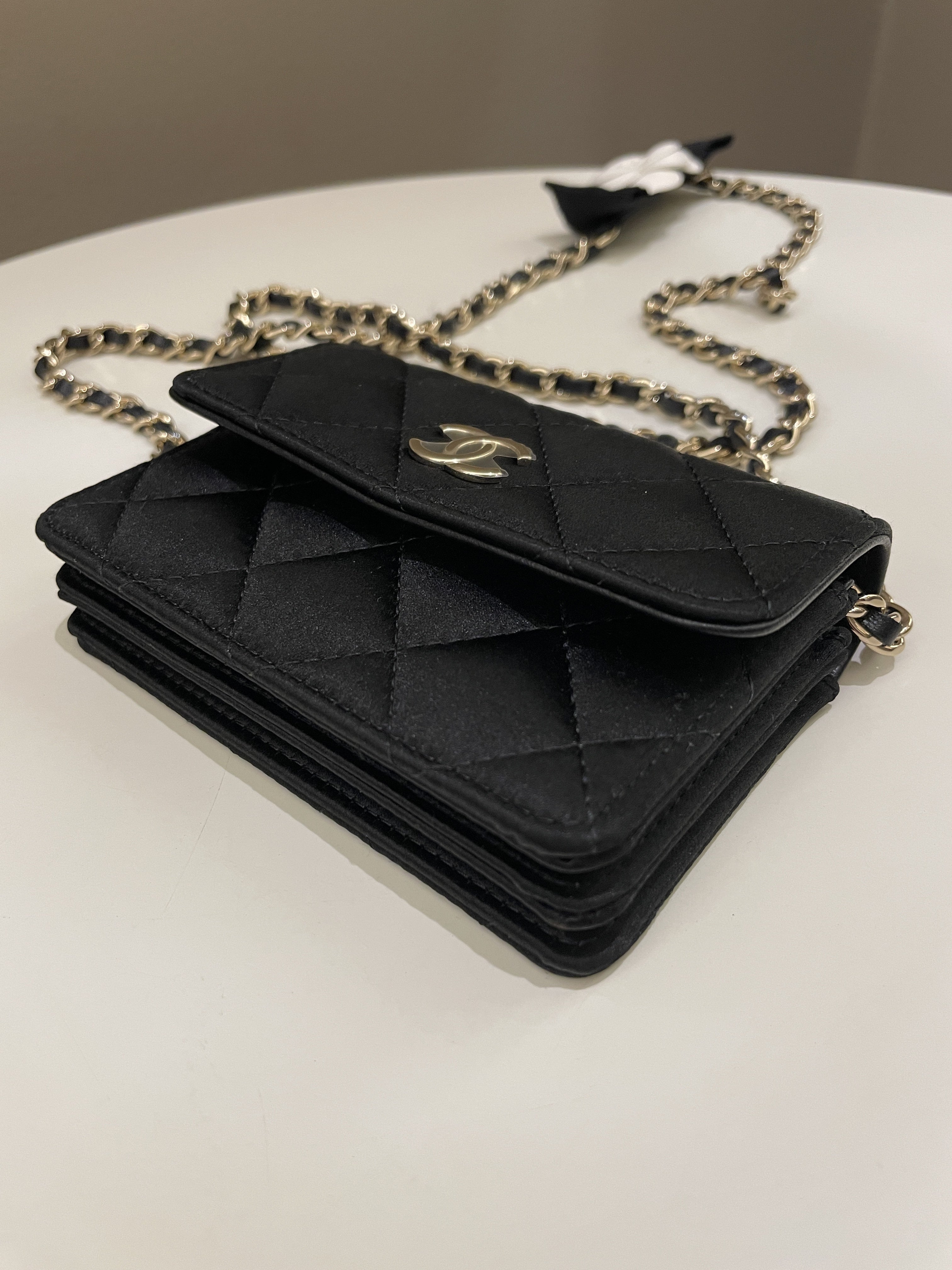 Chanel Camellia Bow VIP Clutch On Chain Black Satin