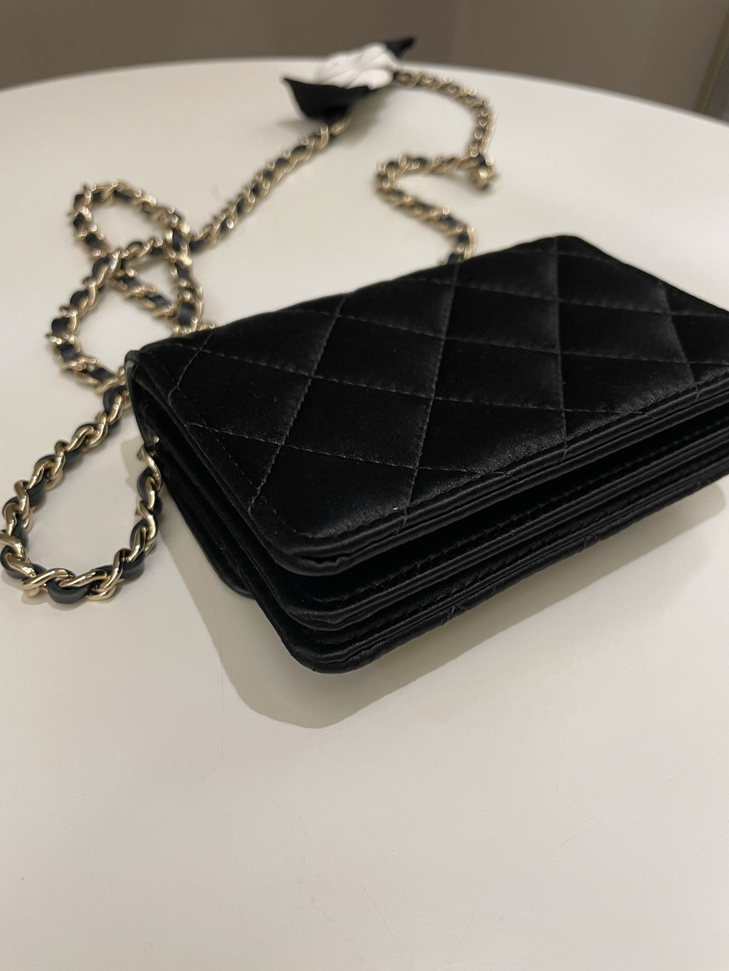 Chanel Camellia Bow VIP Clutch On Chain Black Satin