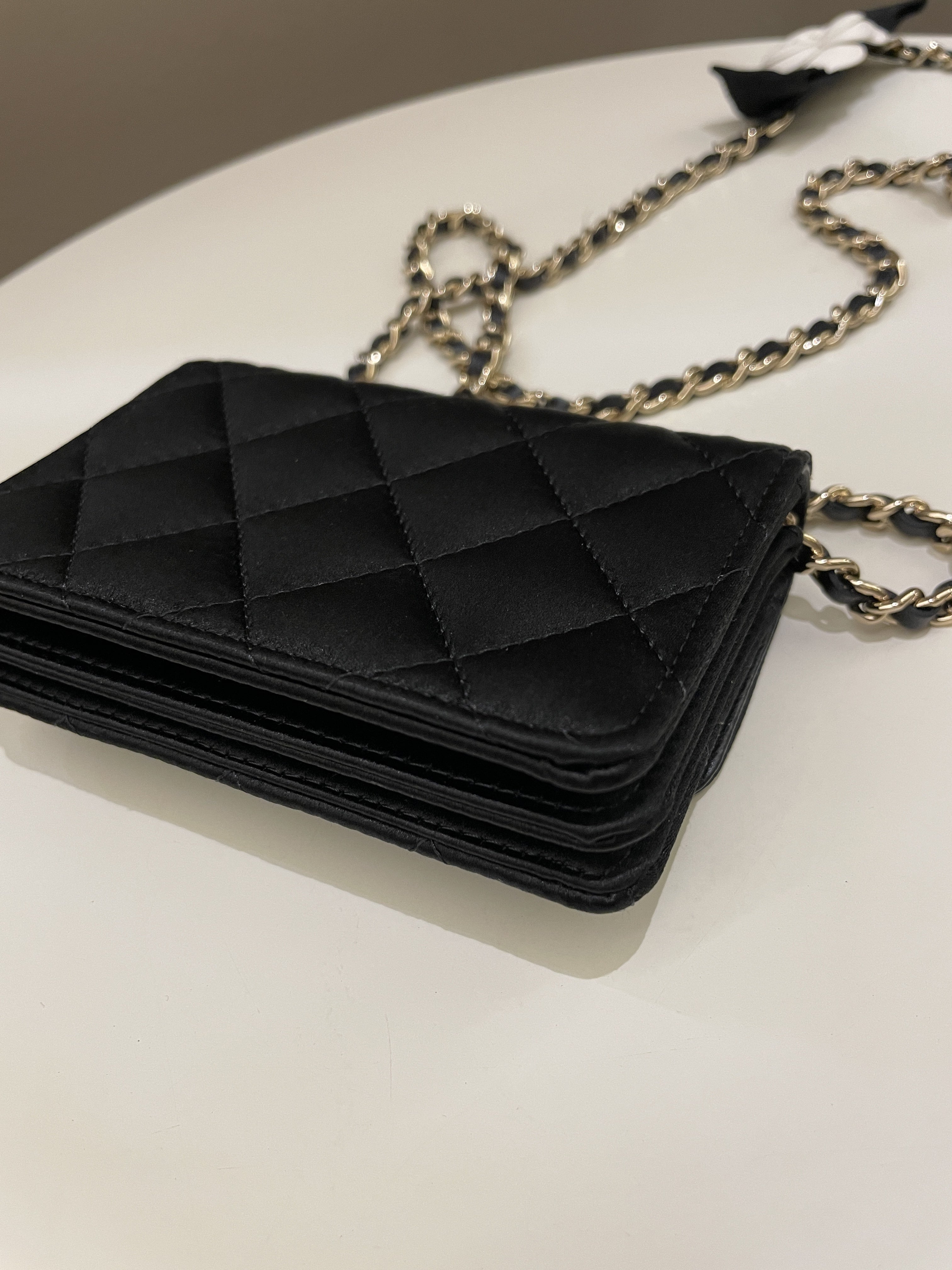 Chanel Camellia Bow VIP Clutch On Chain Black Satin