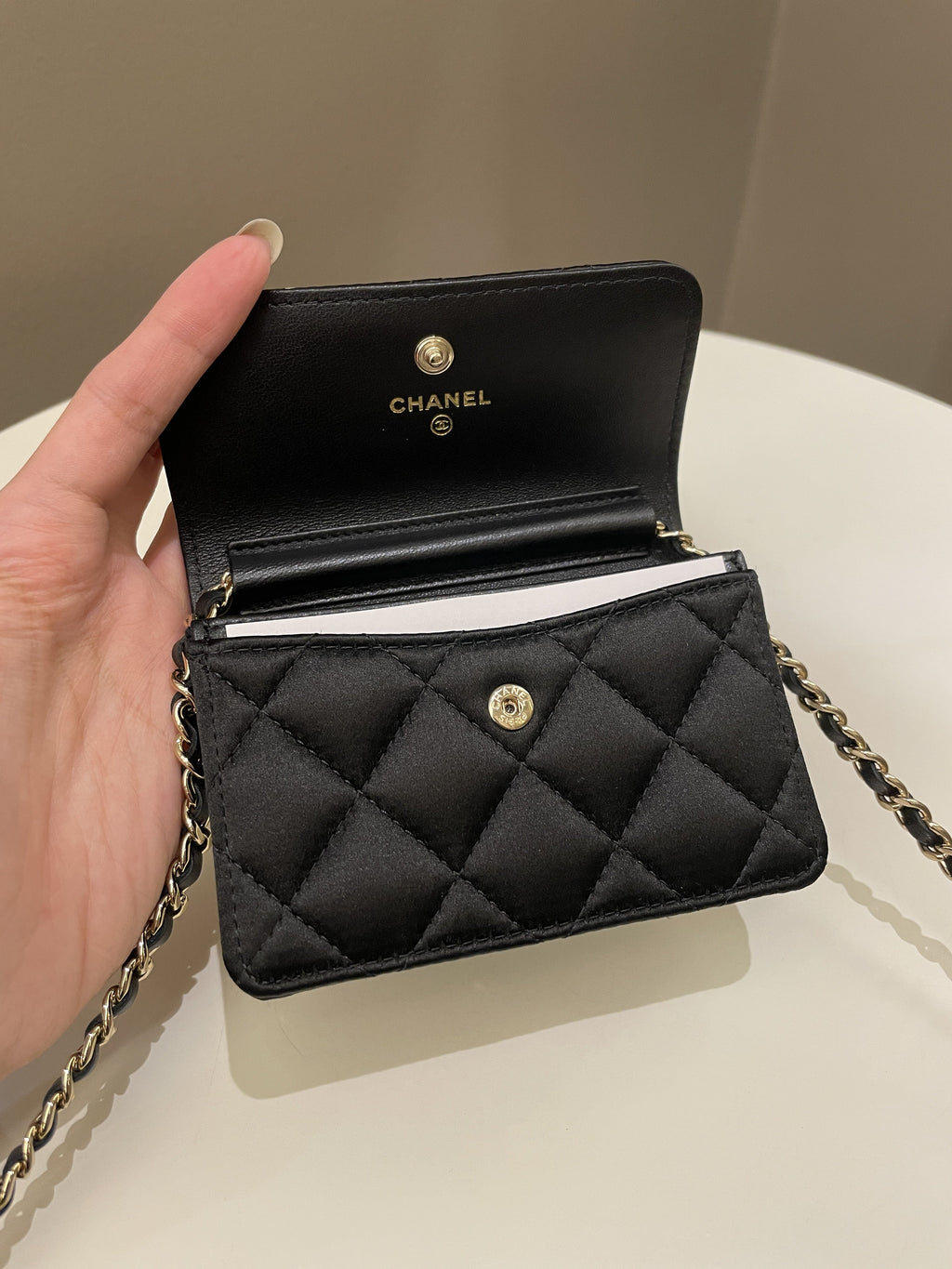 Chanel Camellia Bow VIP Clutch On Chain Black Satin