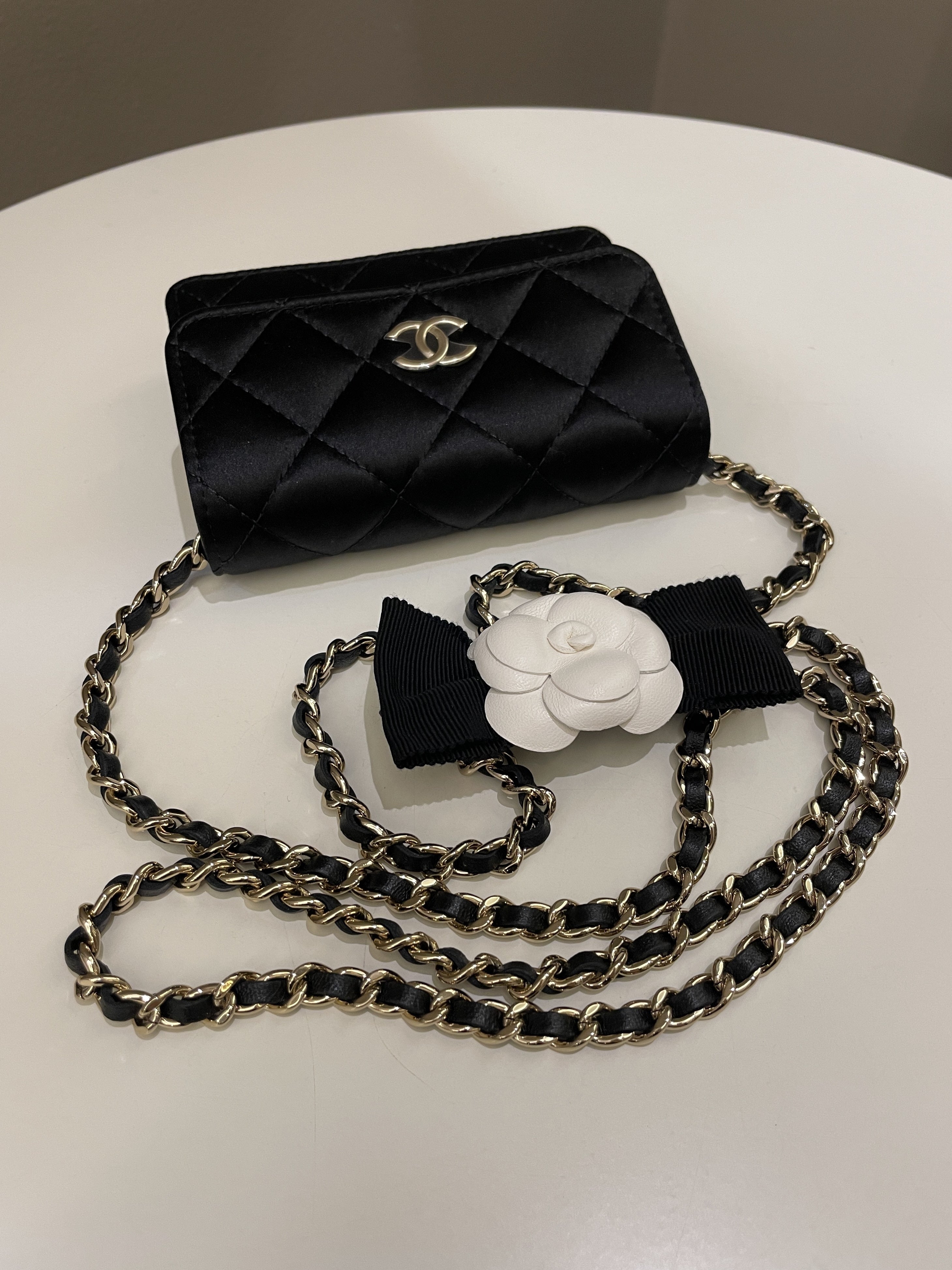 Chanel Camellia Bow VIP Clutch On Chain Black Satin