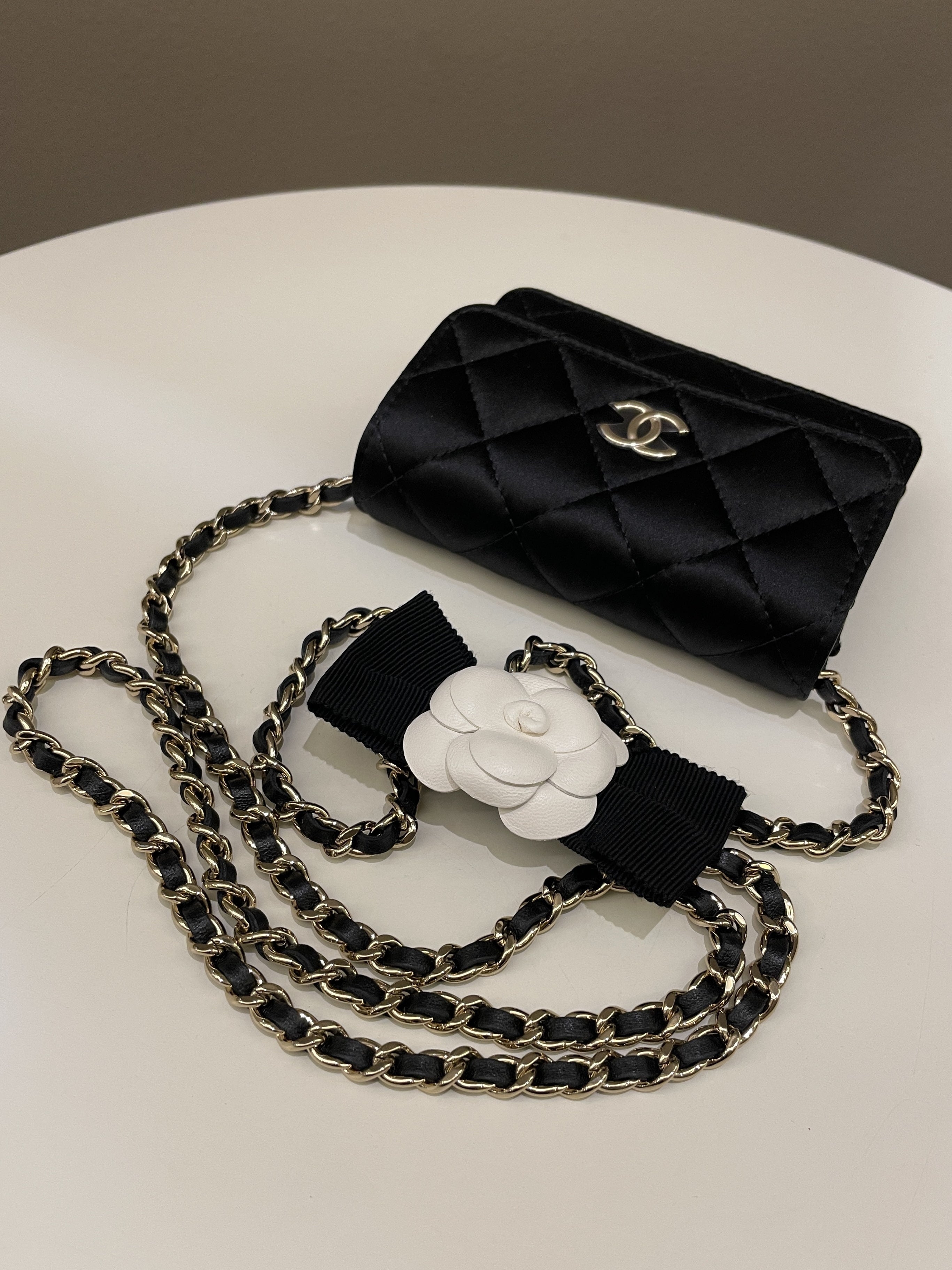Chanel Camellia Bow VIP Clutch On Chain Black Satin