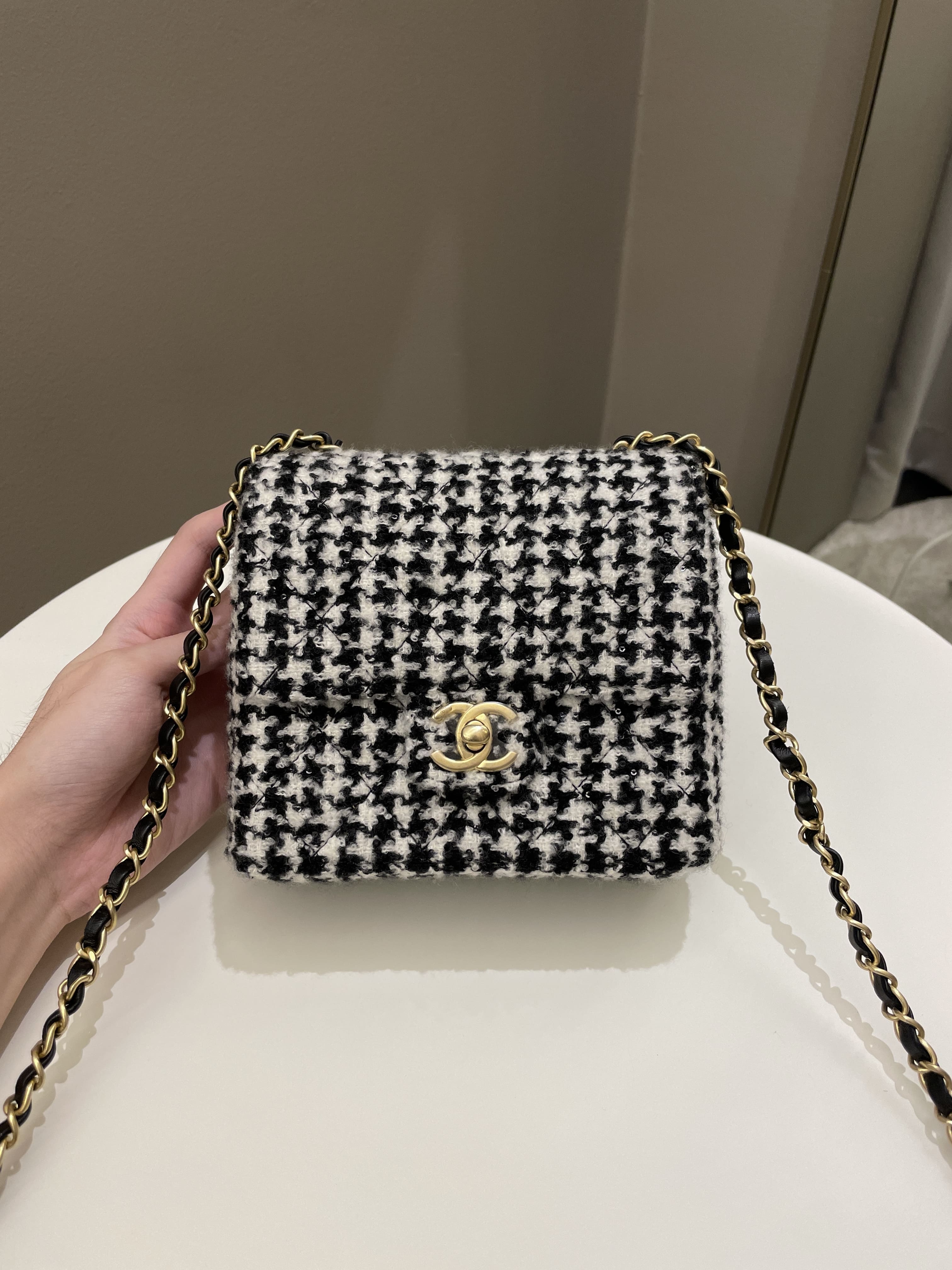 Chanel 22K Houndstooth Mini Square Black/ White Sequin Tweed