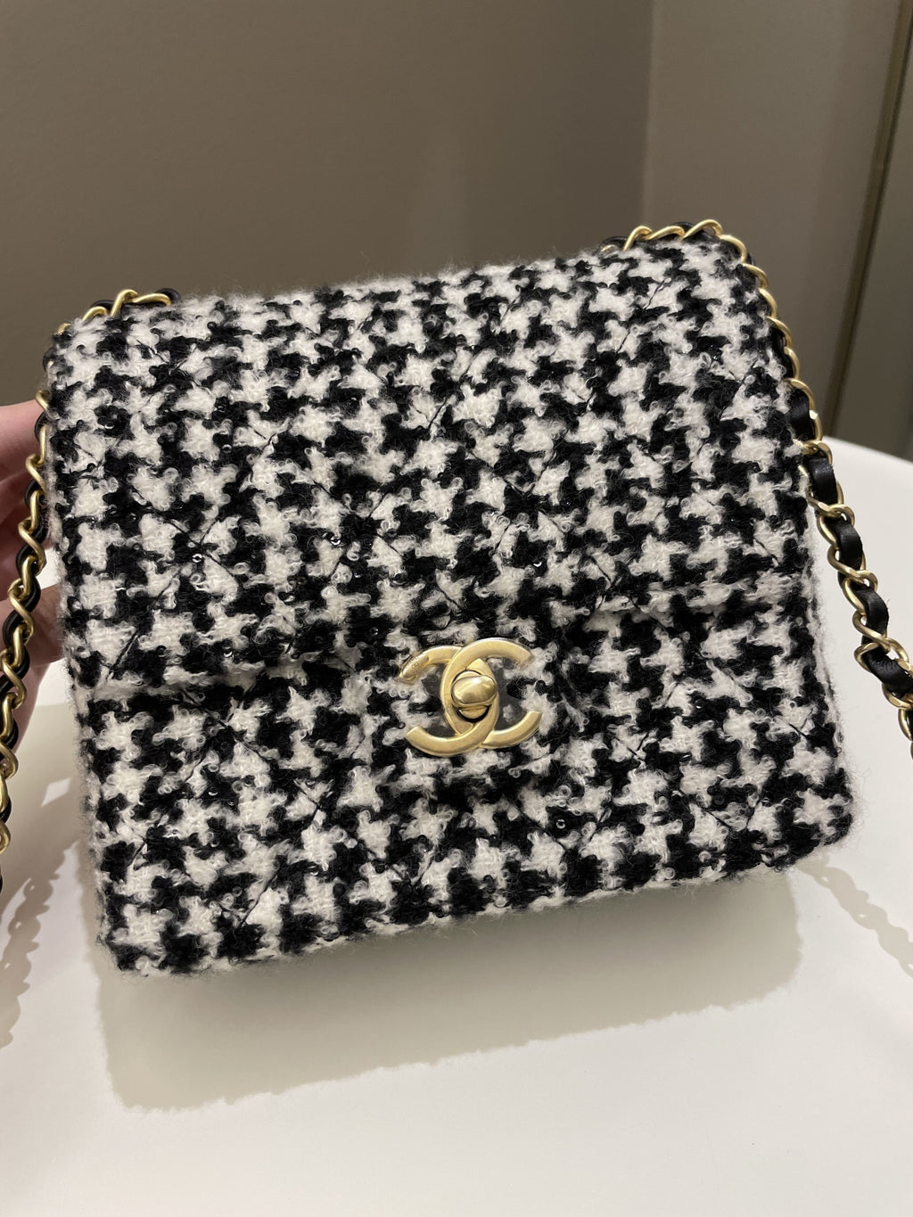 Chanel 22K Houndstooth Mini Square Black/ White Sequin Tweed