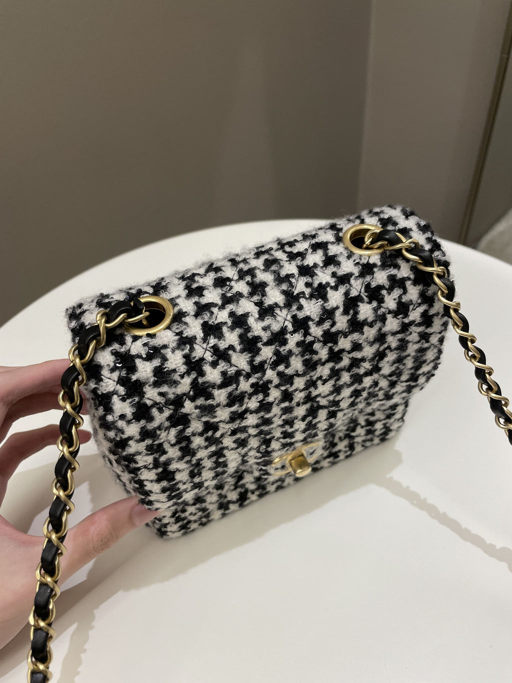 Chanel 22K Houndstooth Mini Square Black/ White Sequin Tweed