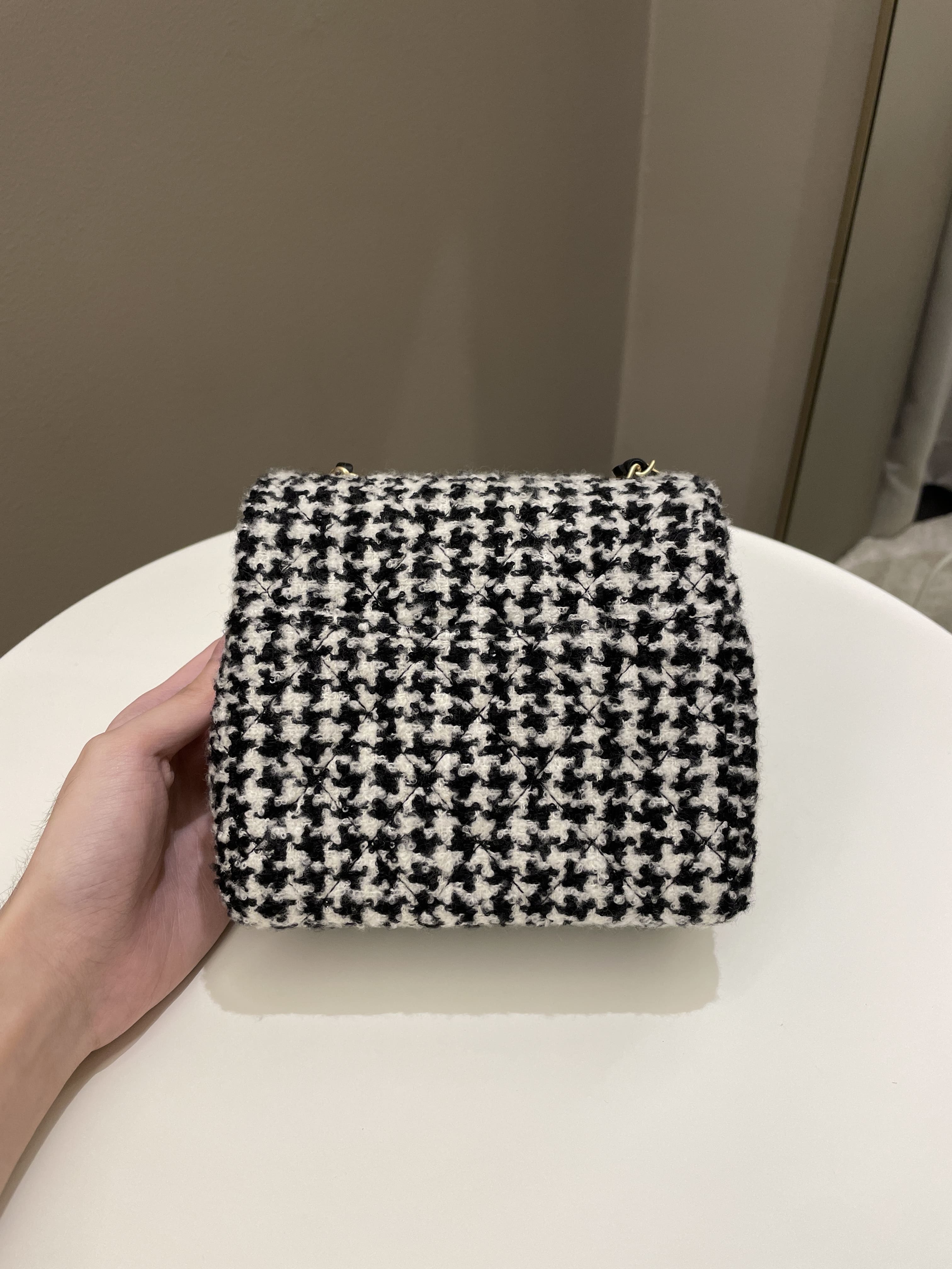 Chanel 22K Houndstooth Mini Square Black/ White Sequin Tweed