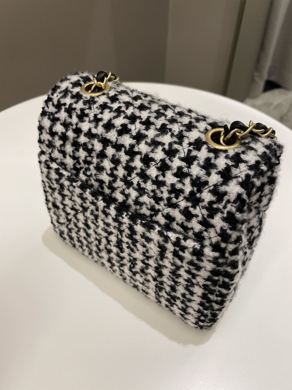 Chanel 22K Houndstooth Mini Square Black/ White Sequin Tweed