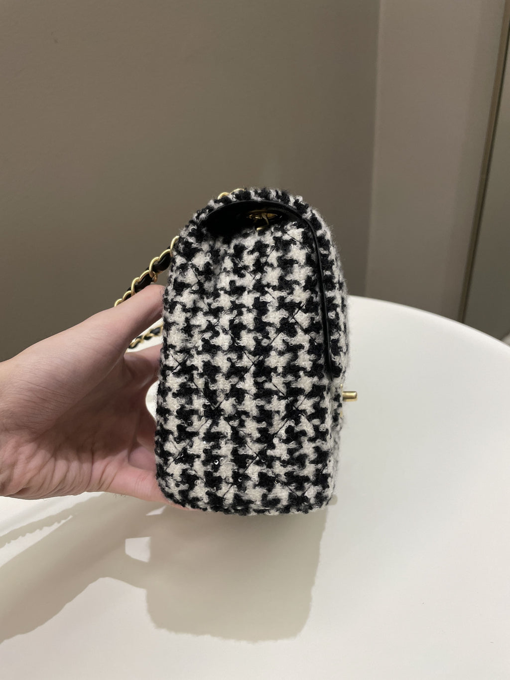 Chanel 22K Houndstooth Mini Square Black/ White Sequin Tweed