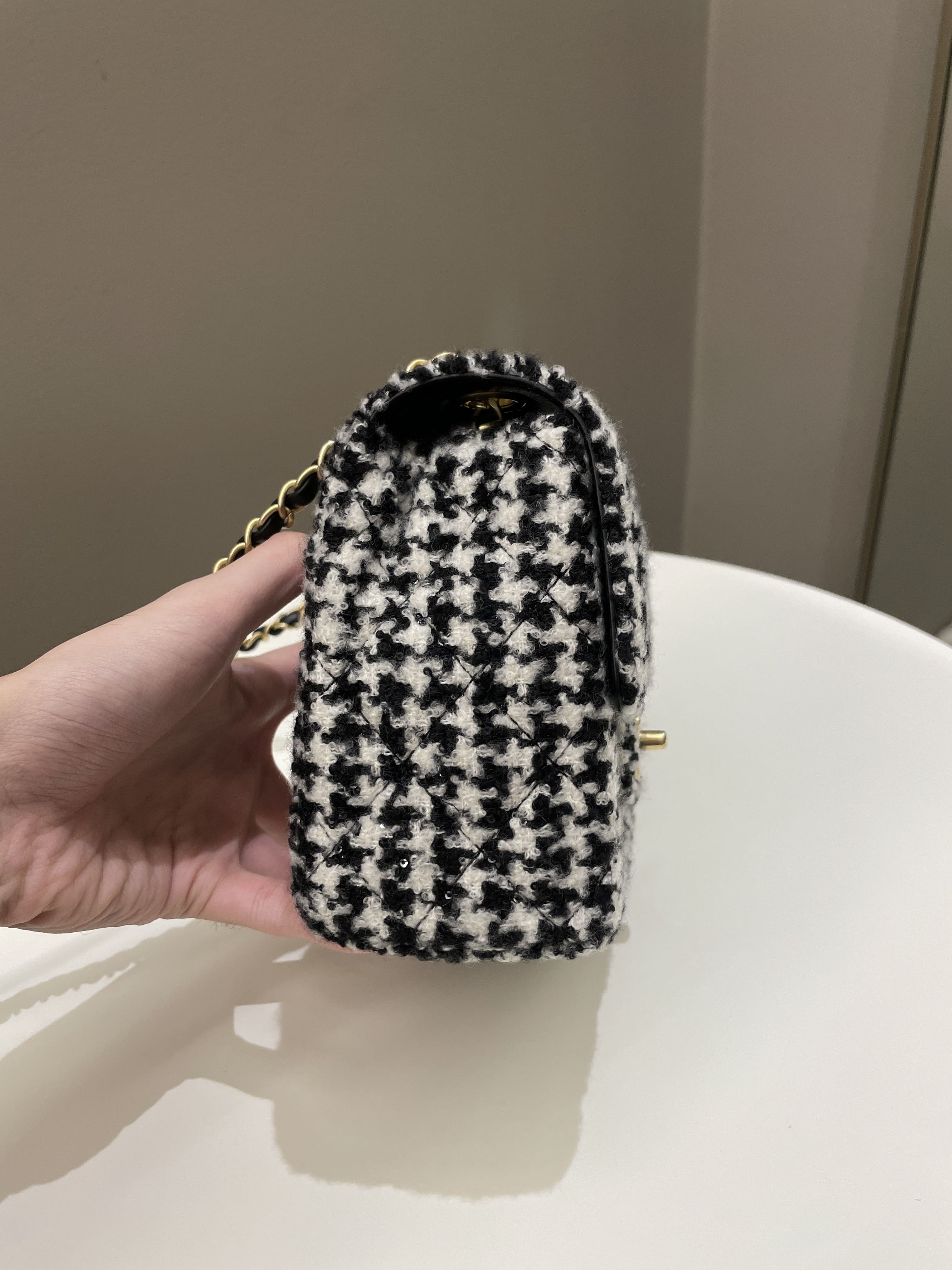 Chanel 22K Houndstooth Mini Square Black/ White Sequin Tweed