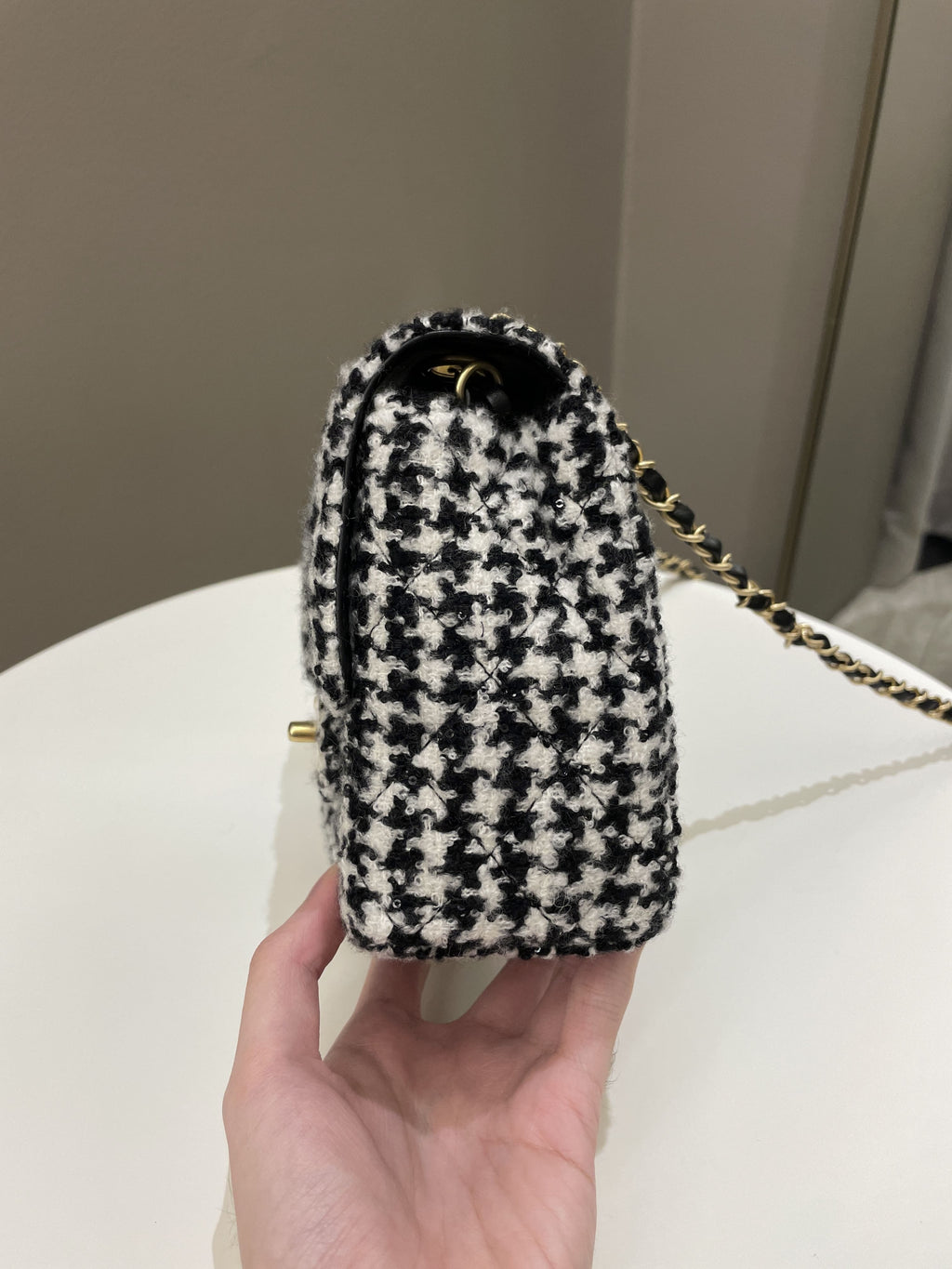 Chanel 22K Houndstooth Mini Square Black/ White Sequin Tweed