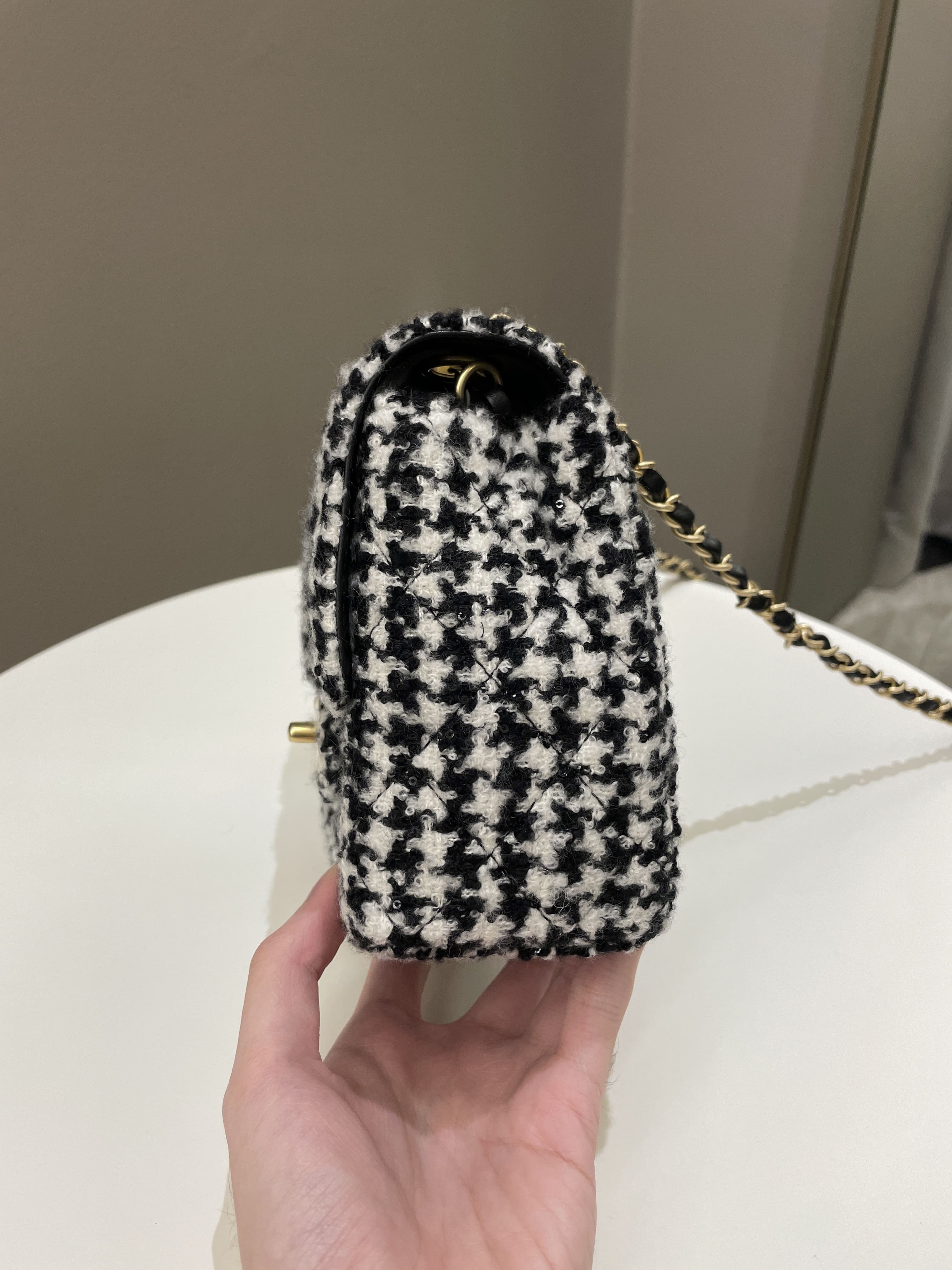 Chanel 22K Houndstooth Mini Square Black/ White Sequin Tweed