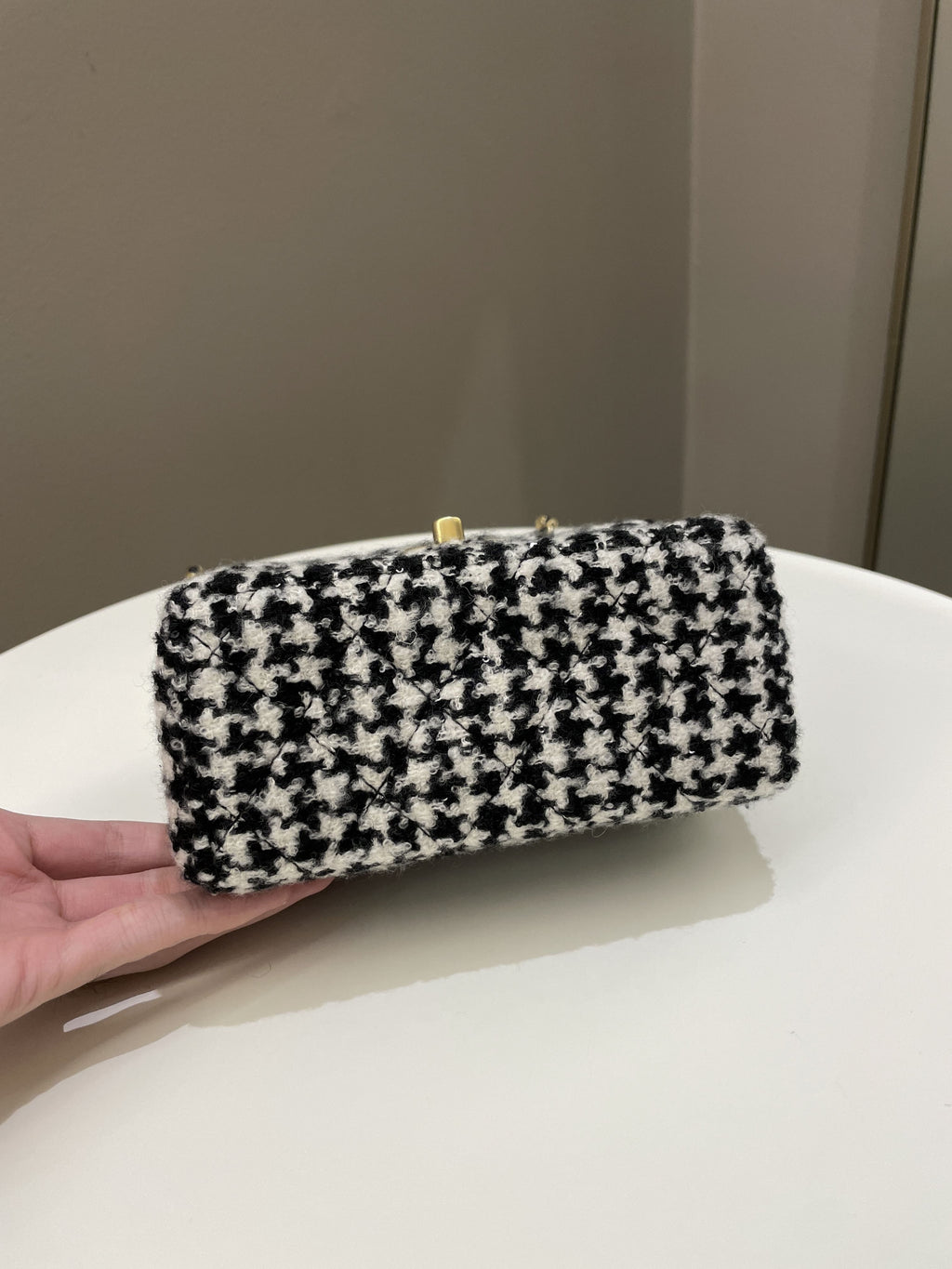 Chanel 22K Houndstooth Mini Square Black/ White Sequin Tweed
