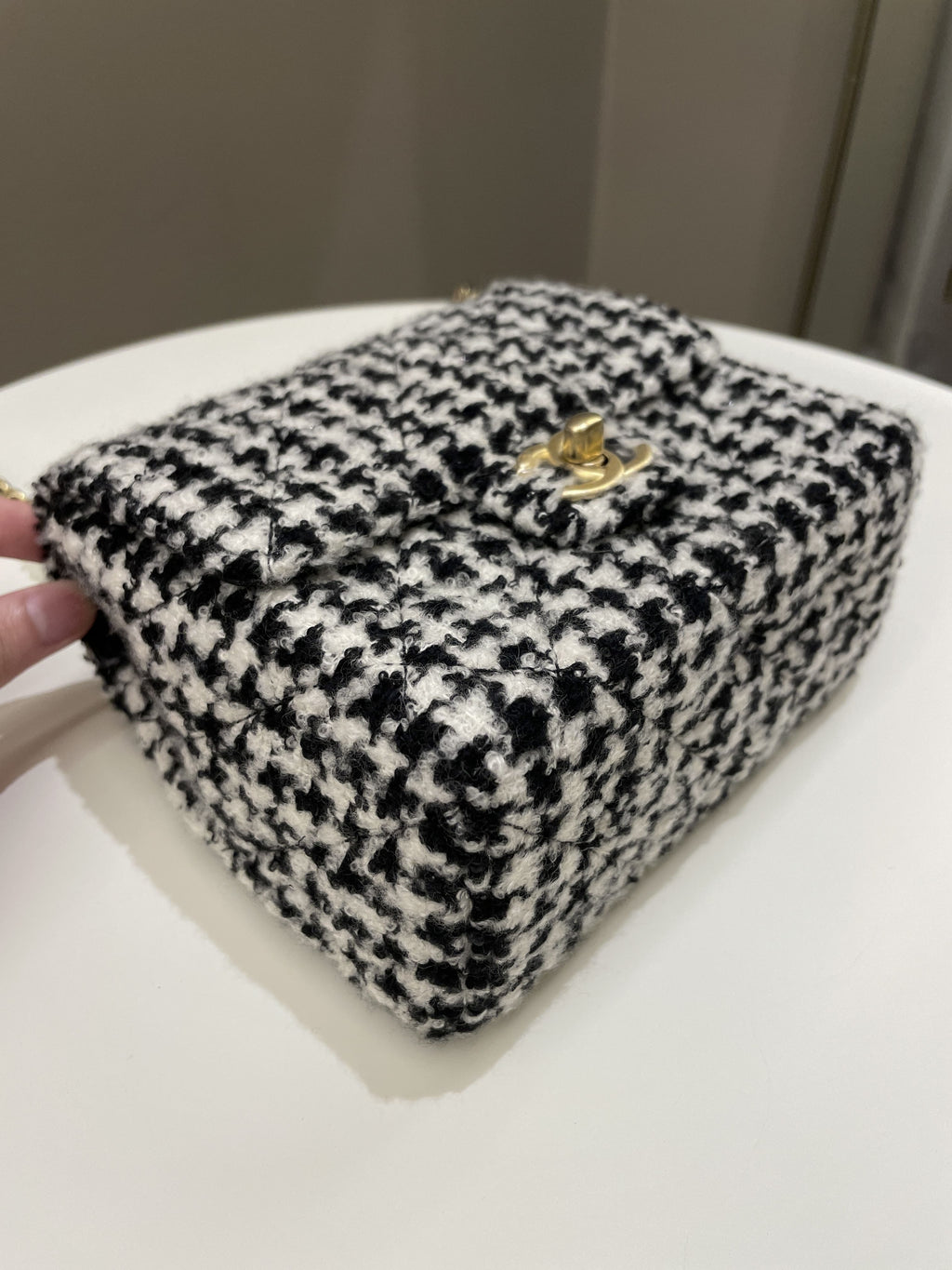 Chanel 22K Houndstooth Mini Square Black/ White Sequin Tweed